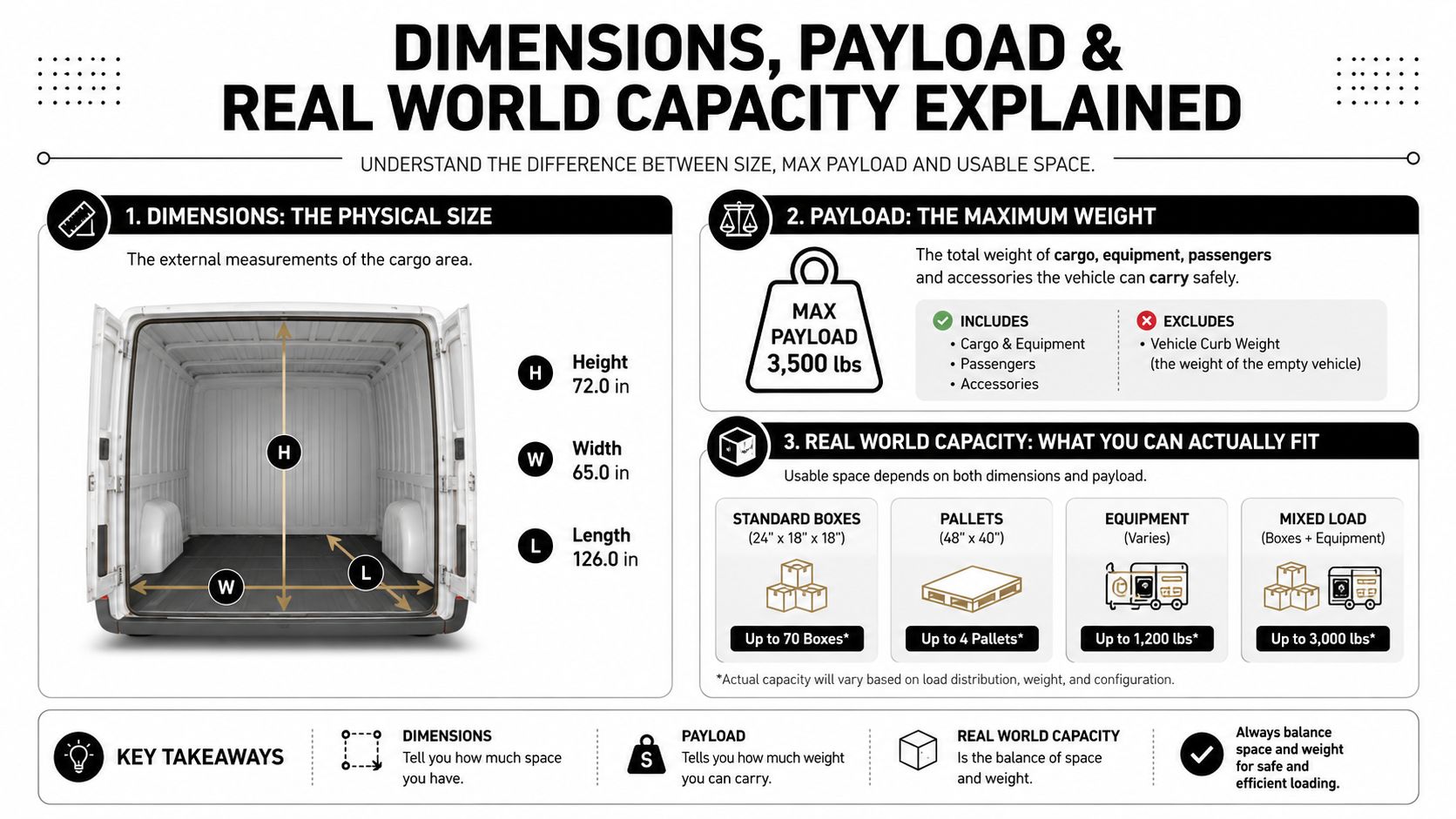 An infographic explaining vehicle dimensions, maximum payload capacity, and real-world cargo loading configurations for a van.