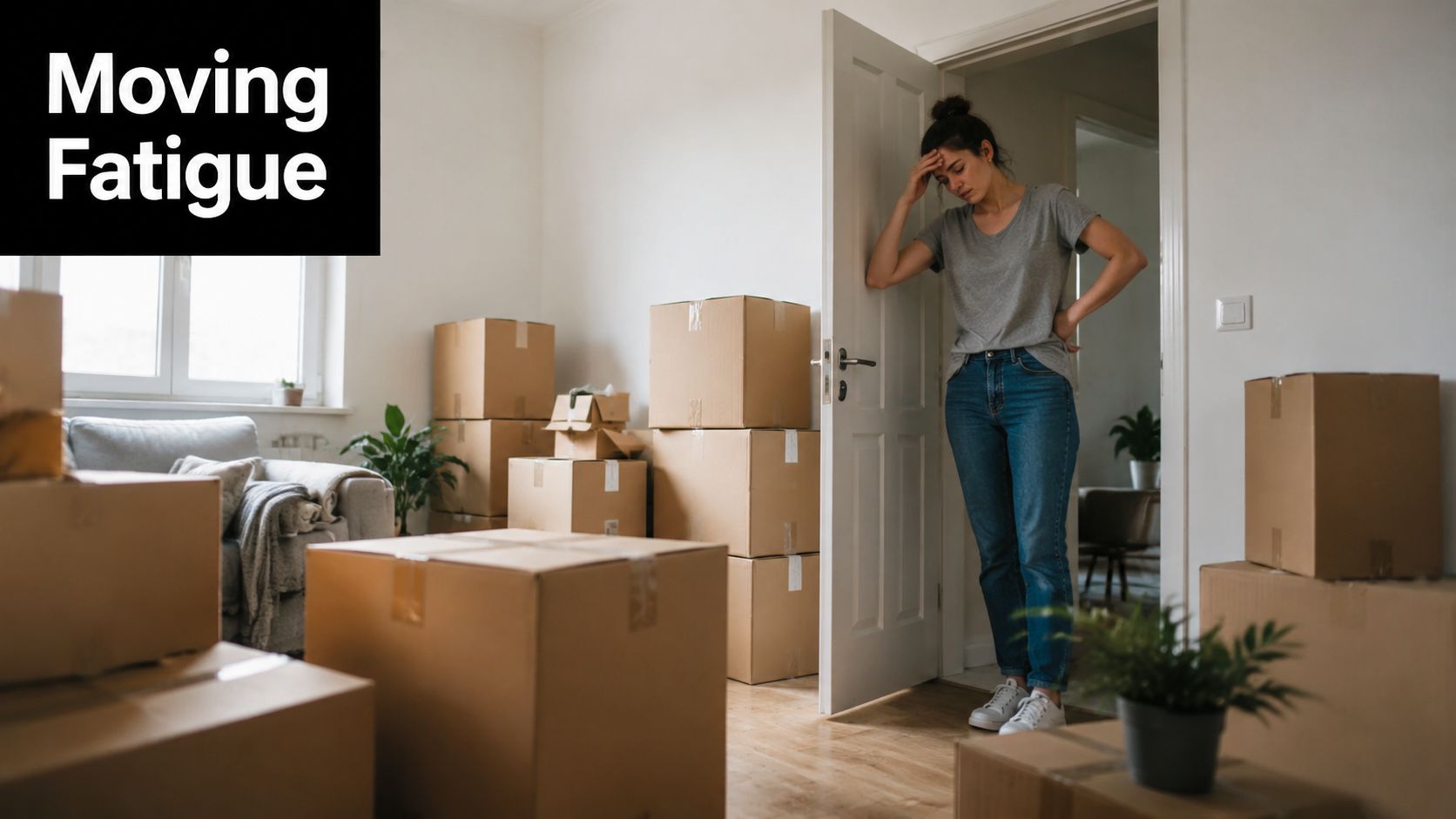A tired woman leaning against a door frame in a room filled with cardboard moving boxes.
