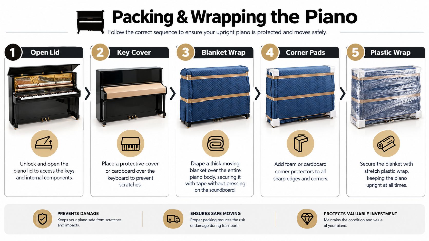 A step-by-step instructional guide showing how to properly wrap and pack an upright piano for moving.
