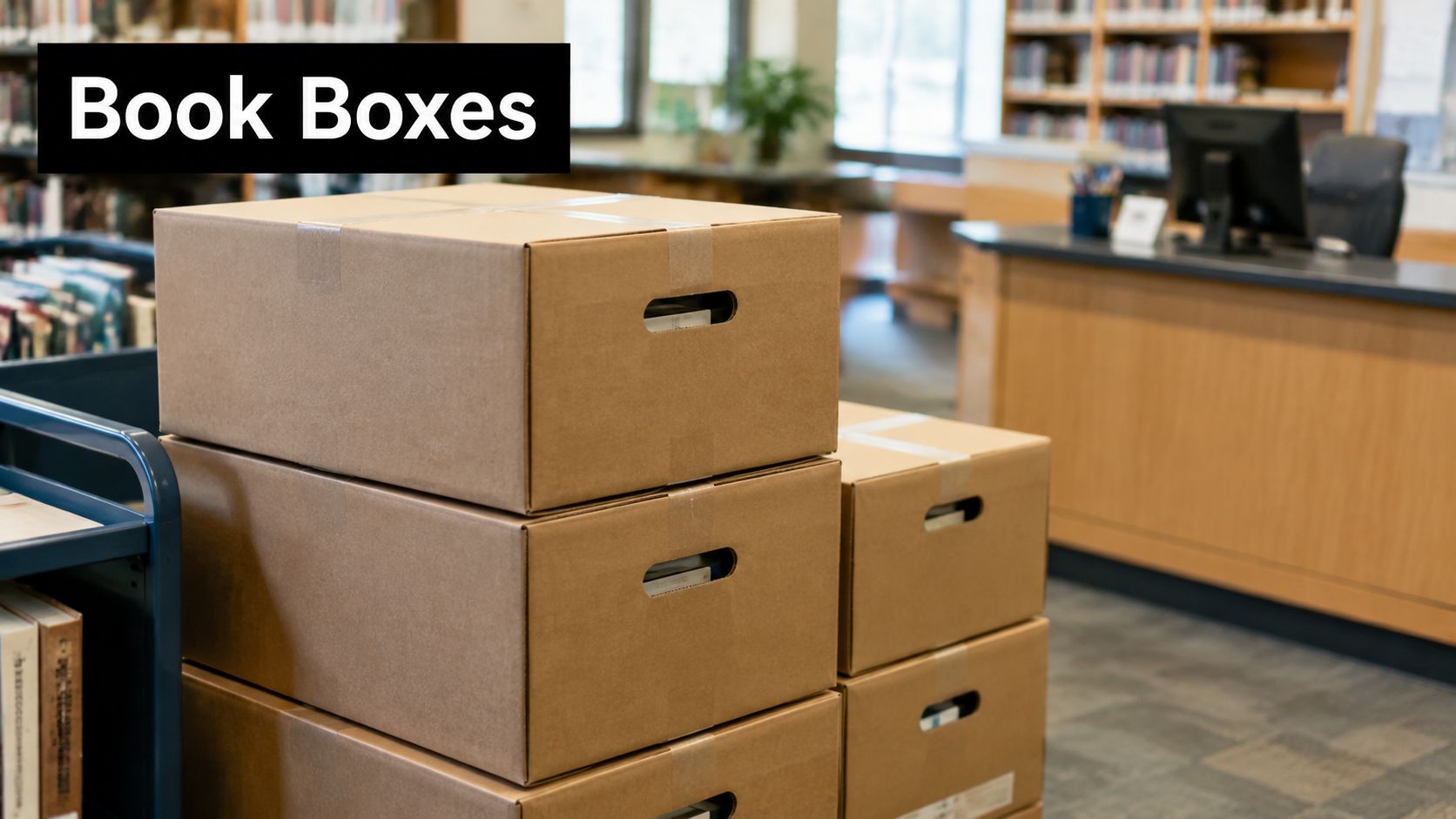 Several large brown cardboard moving boxes stacked in a library near a desk and shelves.
