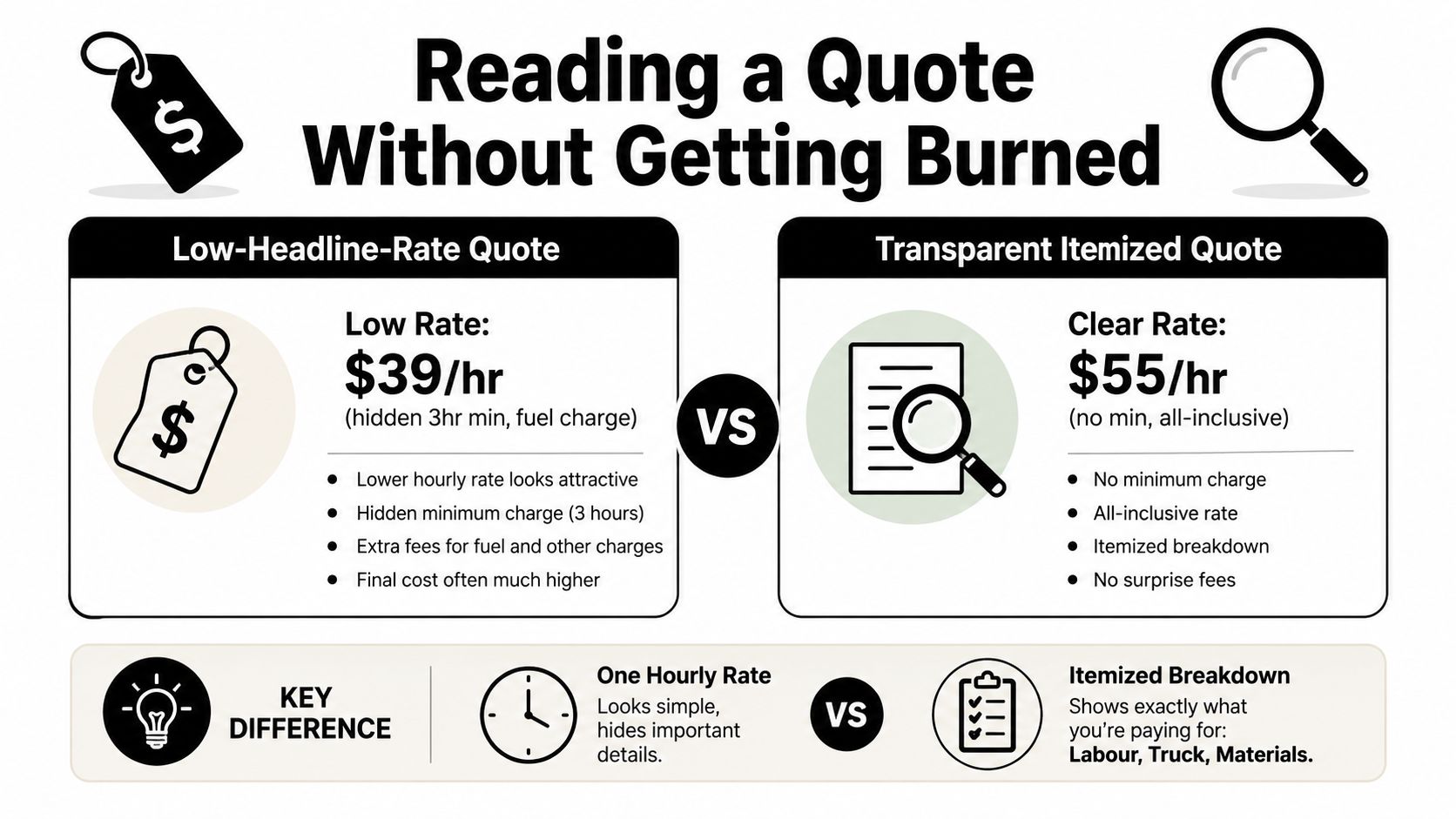 A comparison chart showing how to identify hidden fees in moving company quotes versus transparent pricing models.