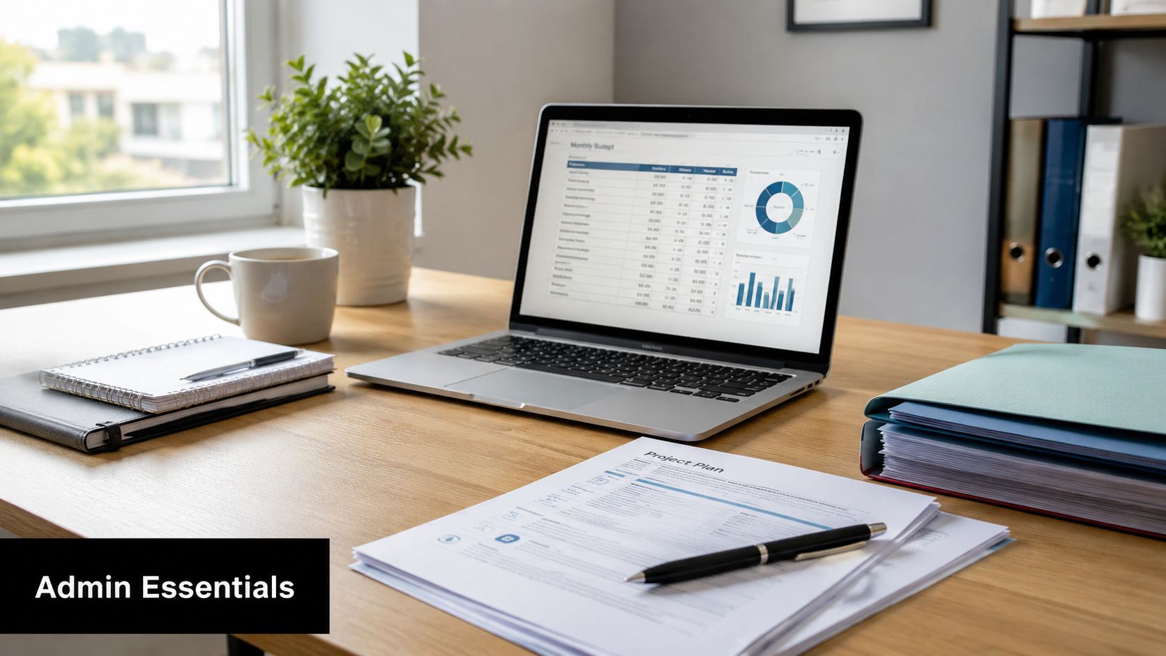 A organized wooden desk featuring a laptop displaying financial charts, a notepad, and a project plan.