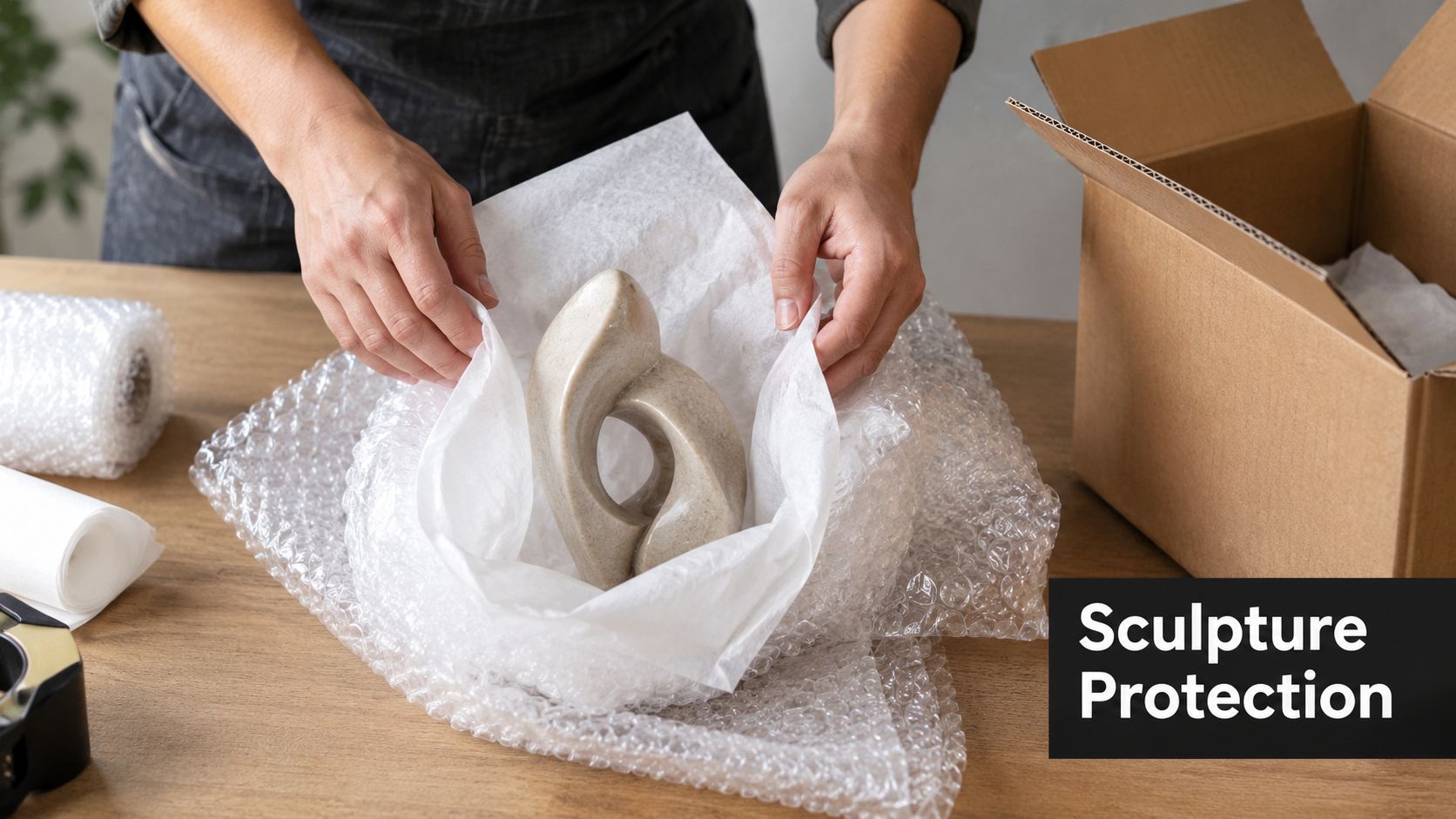 A person carefully wrapping an abstract stone sculpture in protective white paper and bubble wrap for shipping.
