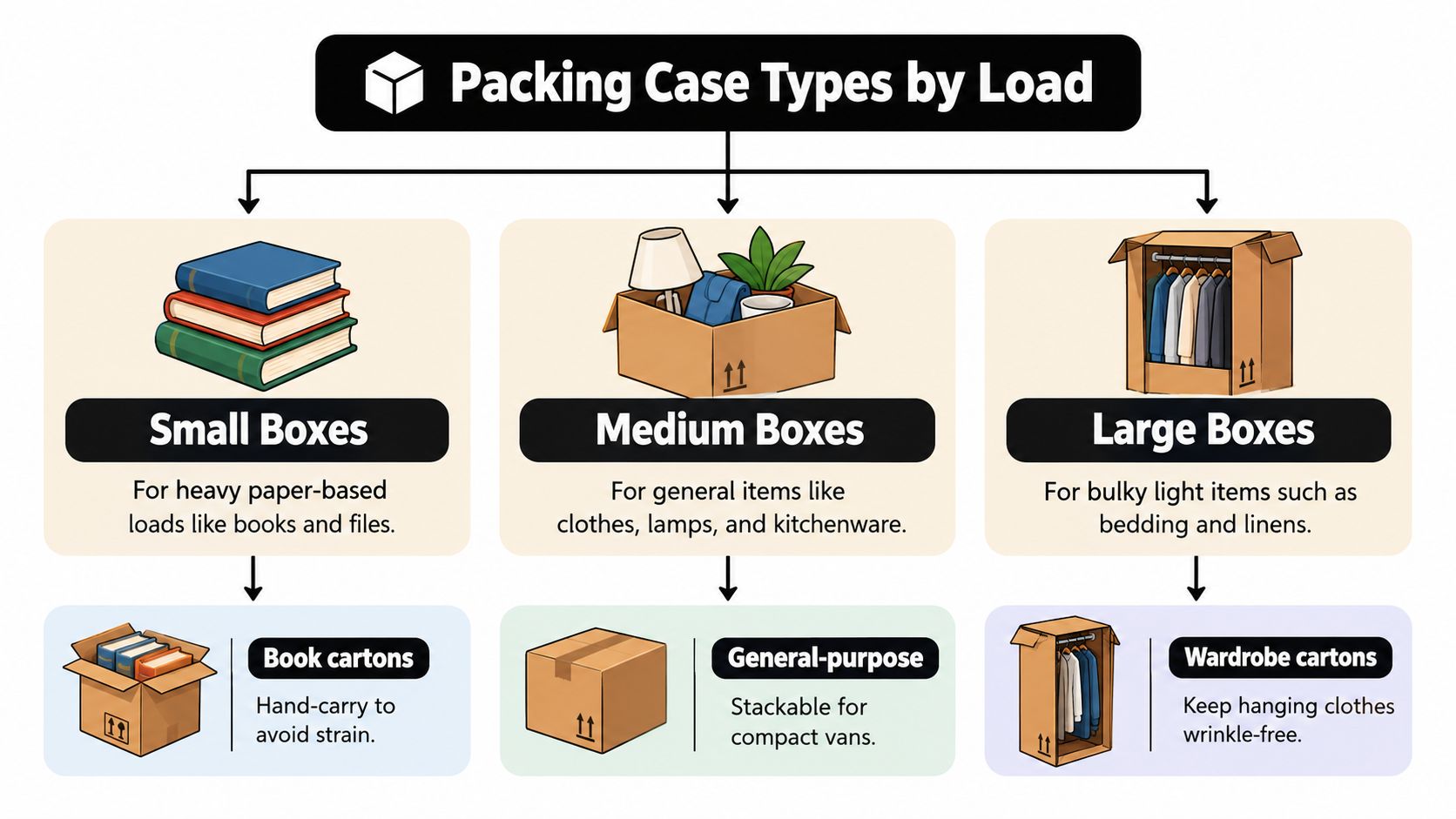 A chart illustrating different types of packing cases for moving, categorized by their size and intended load.