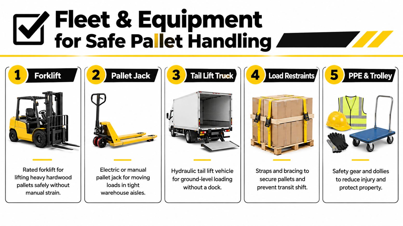 An infographic showing five essential pieces of equipment for safe pallet handling and warehouse logistics operations.