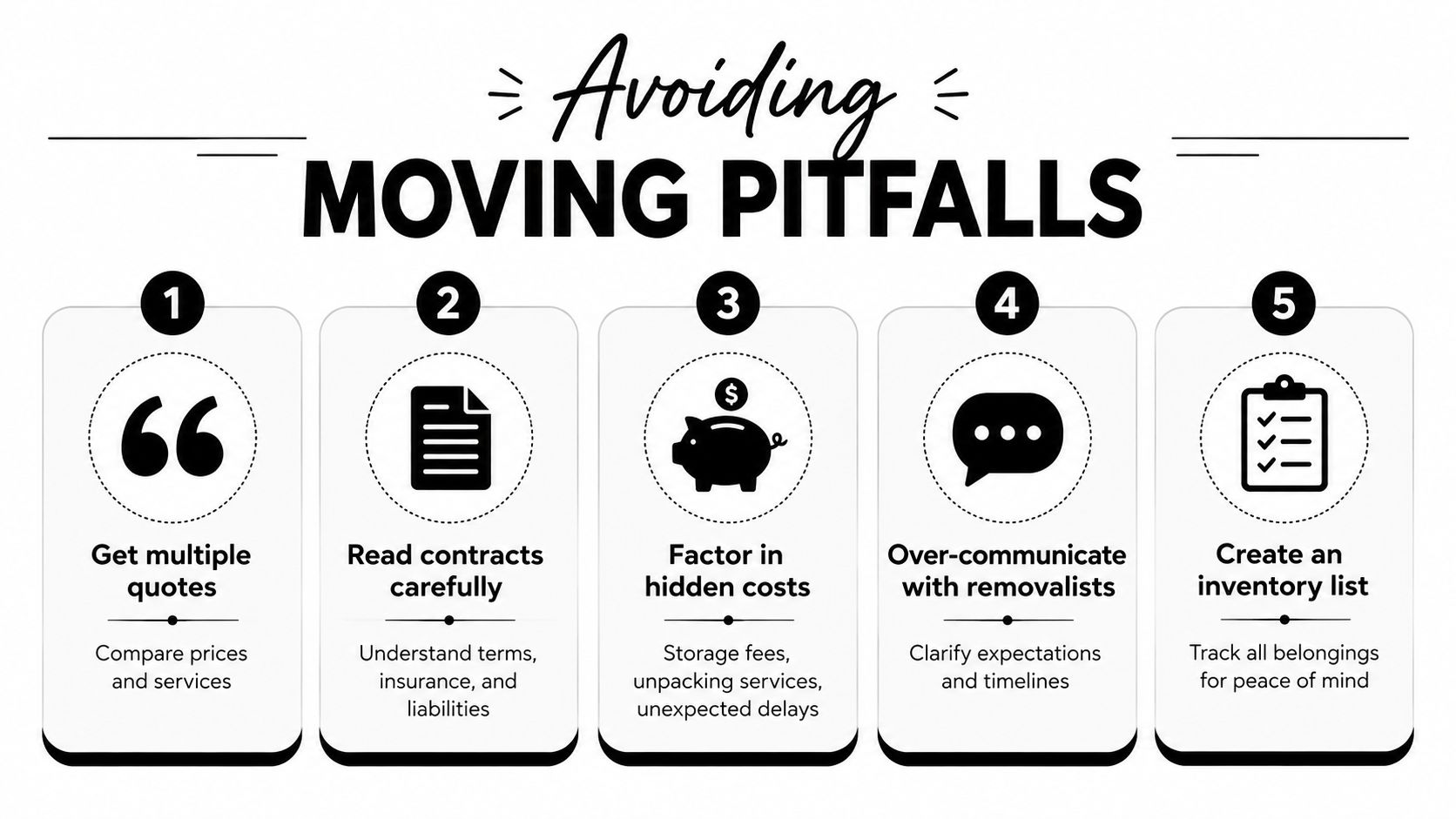 An infographic titled Avoiding Moving Pitfalls featuring five numbered tips for a successful moving process.