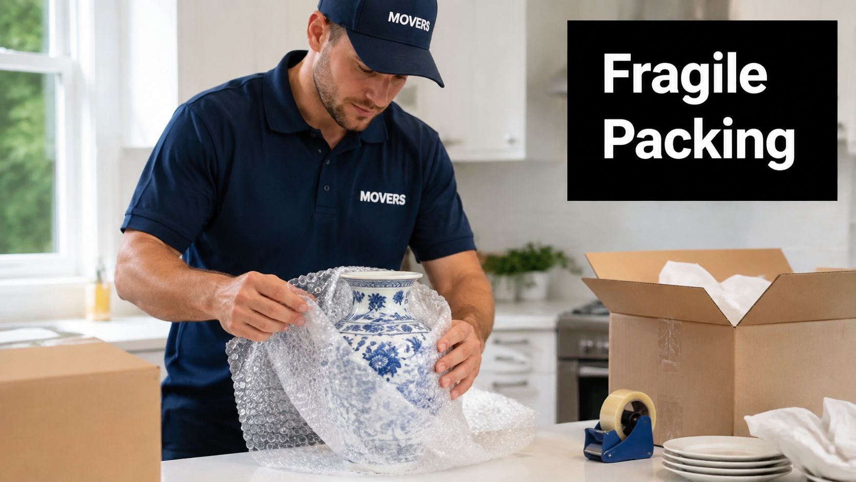 A professional mover in a blue uniform carefully wraps a fragile porcelain vase in protective bubble wrap.