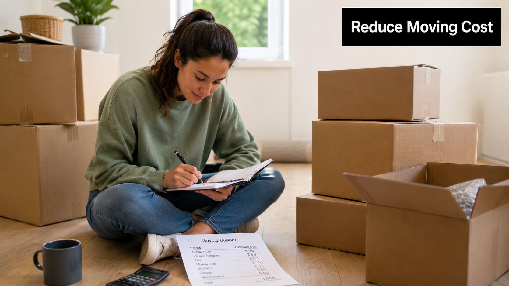 A woman sits on the floor calculating her moving budget while surrounded by cardboard packing boxes.