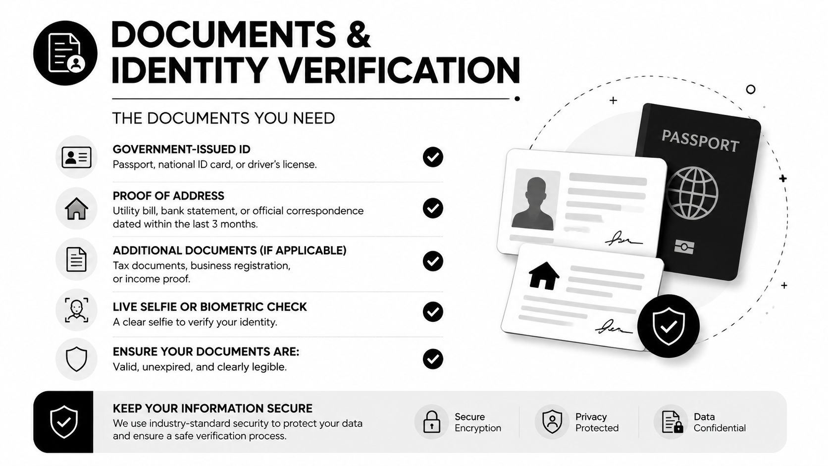 An infographic detailing required documents for identity verification, including government ID, proof of address, and biometric checks.