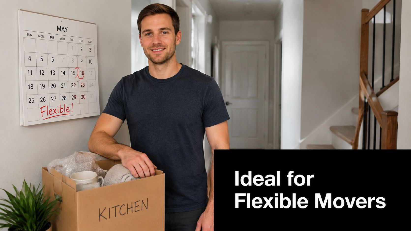 A man smiling next to a box labeled kitchen with a moving calendar on the wall behind.