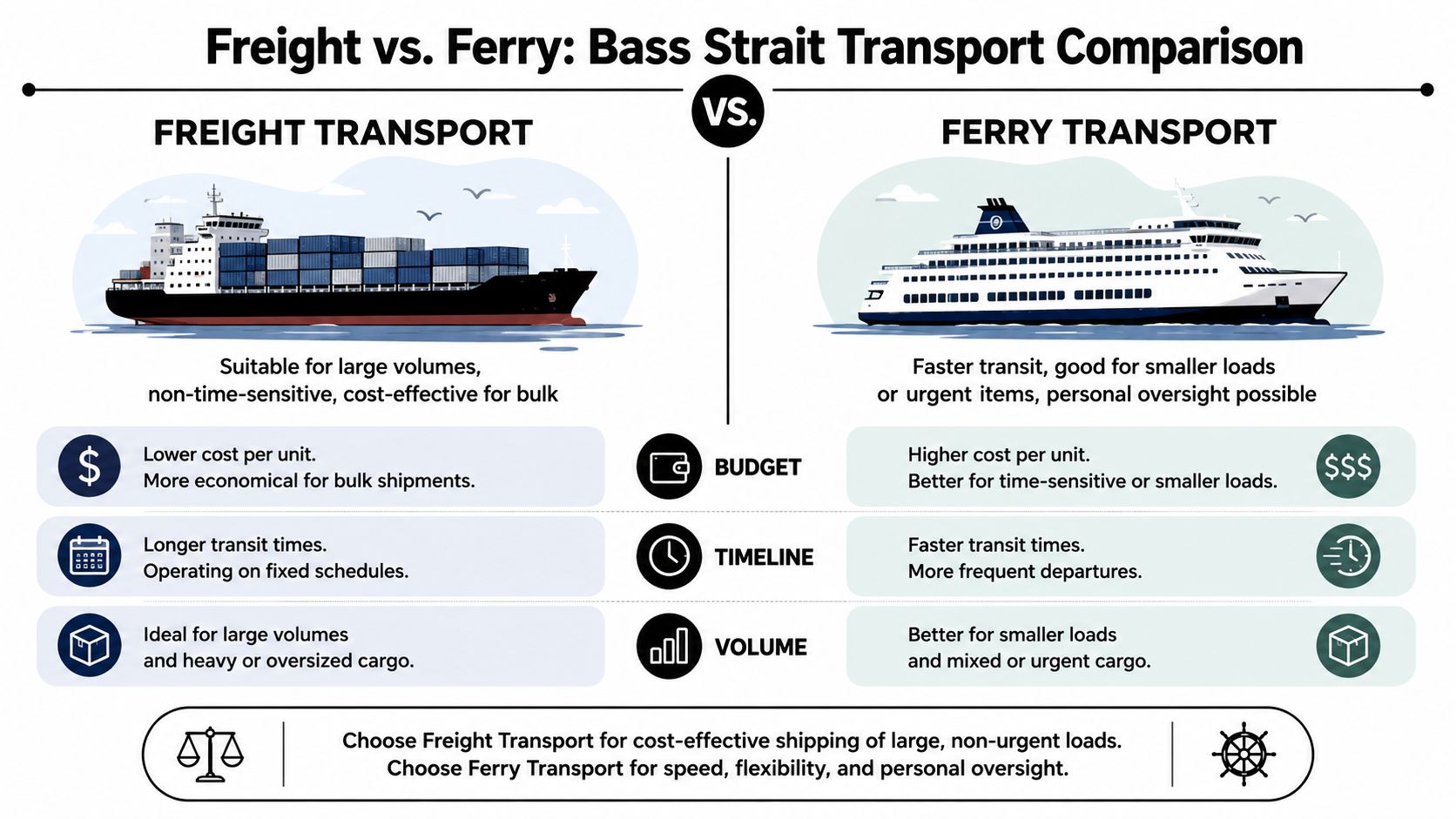 A comparison infographic between freight shipping and ferry transport services across the Bass Strait for cargo logistics.
