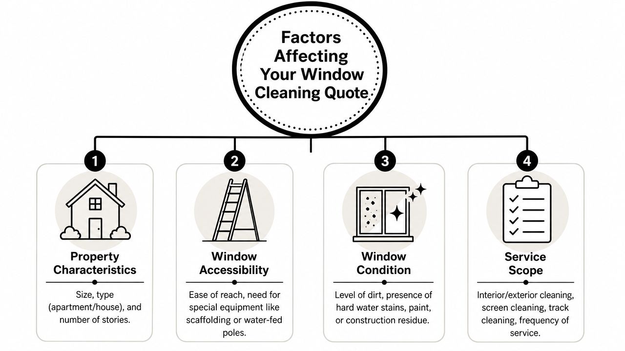 An infographic illustrating four key factors that influence the cost of professional window cleaning services.
