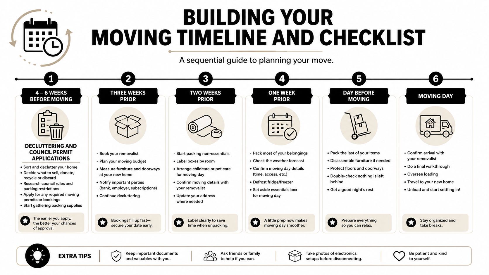 An infographic detailing a six-step moving timeline and checklist from six weeks before to moving day.