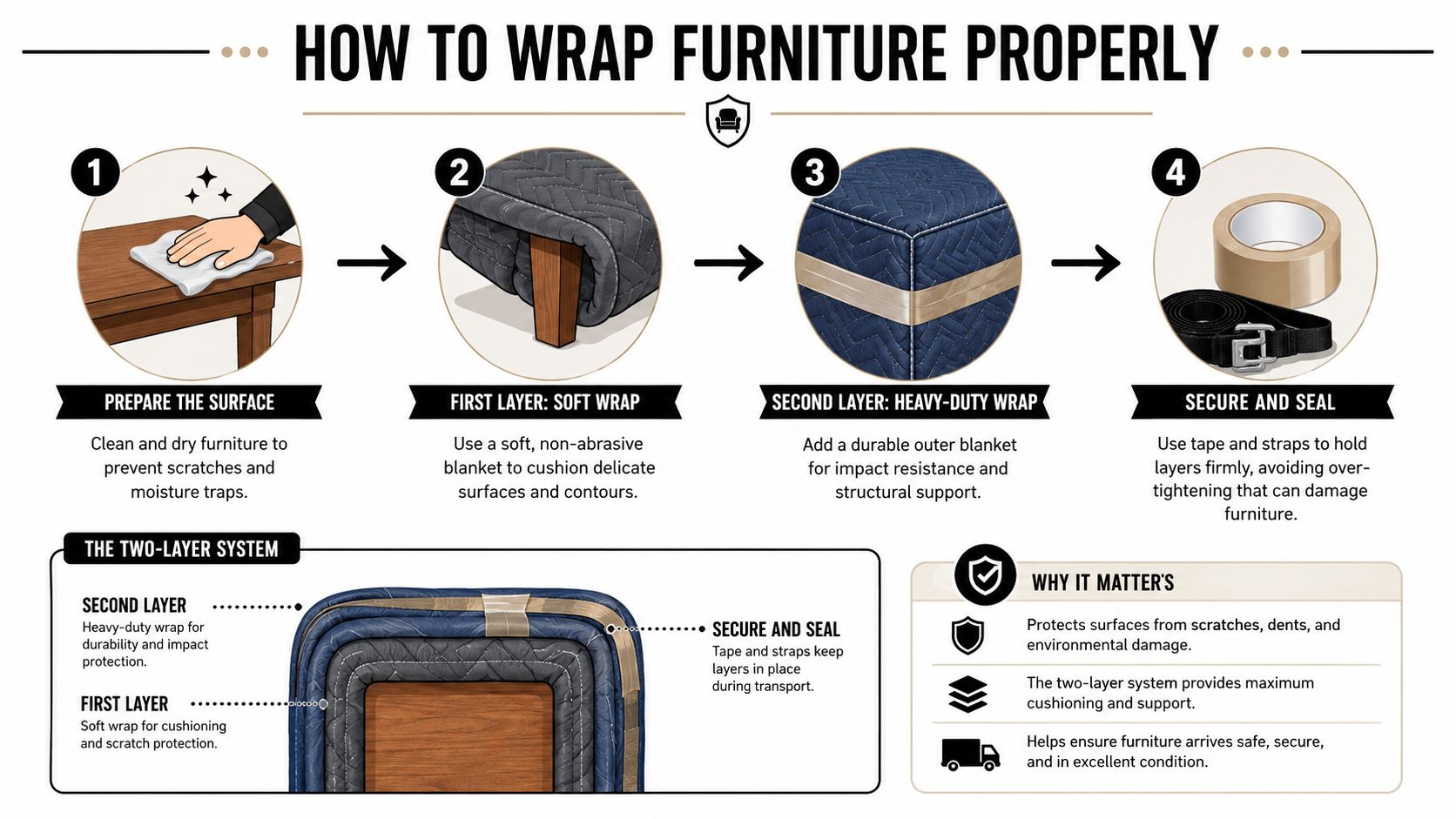 An infographic showing a four-step guide on how to properly wrap furniture using blankets and straps.