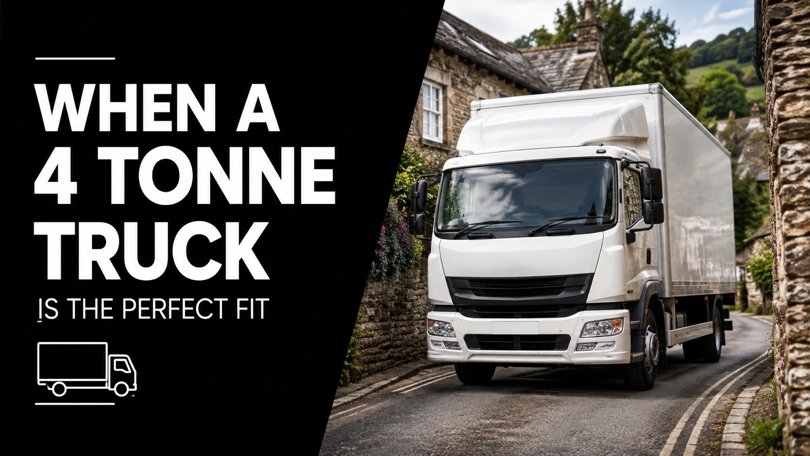 A white 4 tonne delivery truck driving on a narrow street near a stone cottage village.
