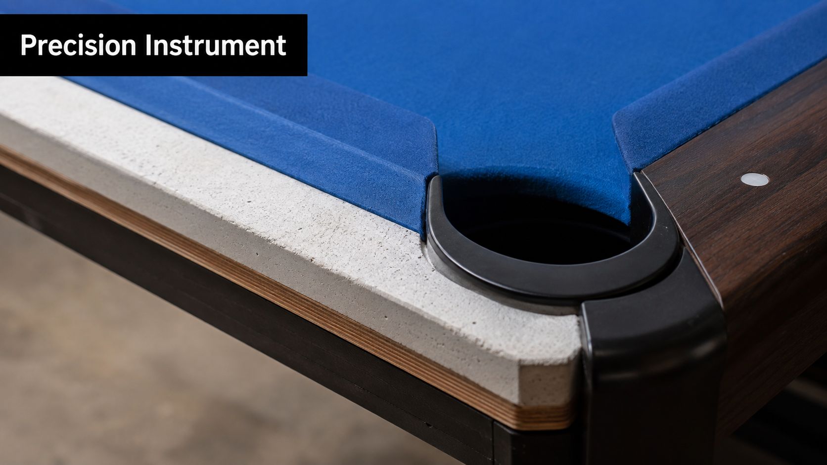 A close-up view of a high-quality pool table corner featuring a blue felt surface and wooden trim.