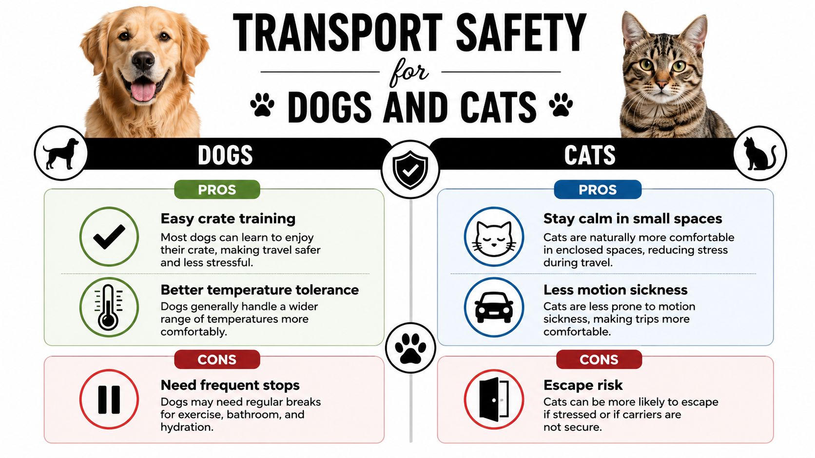 An infographic comparing the pros and cons of transporting dogs and cats during travel for safety.