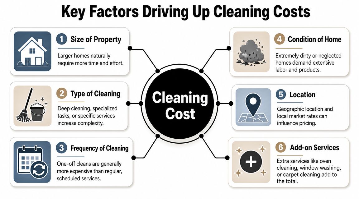 A diagram outlining the six primary factors that influence and drive up professional house cleaning costs.