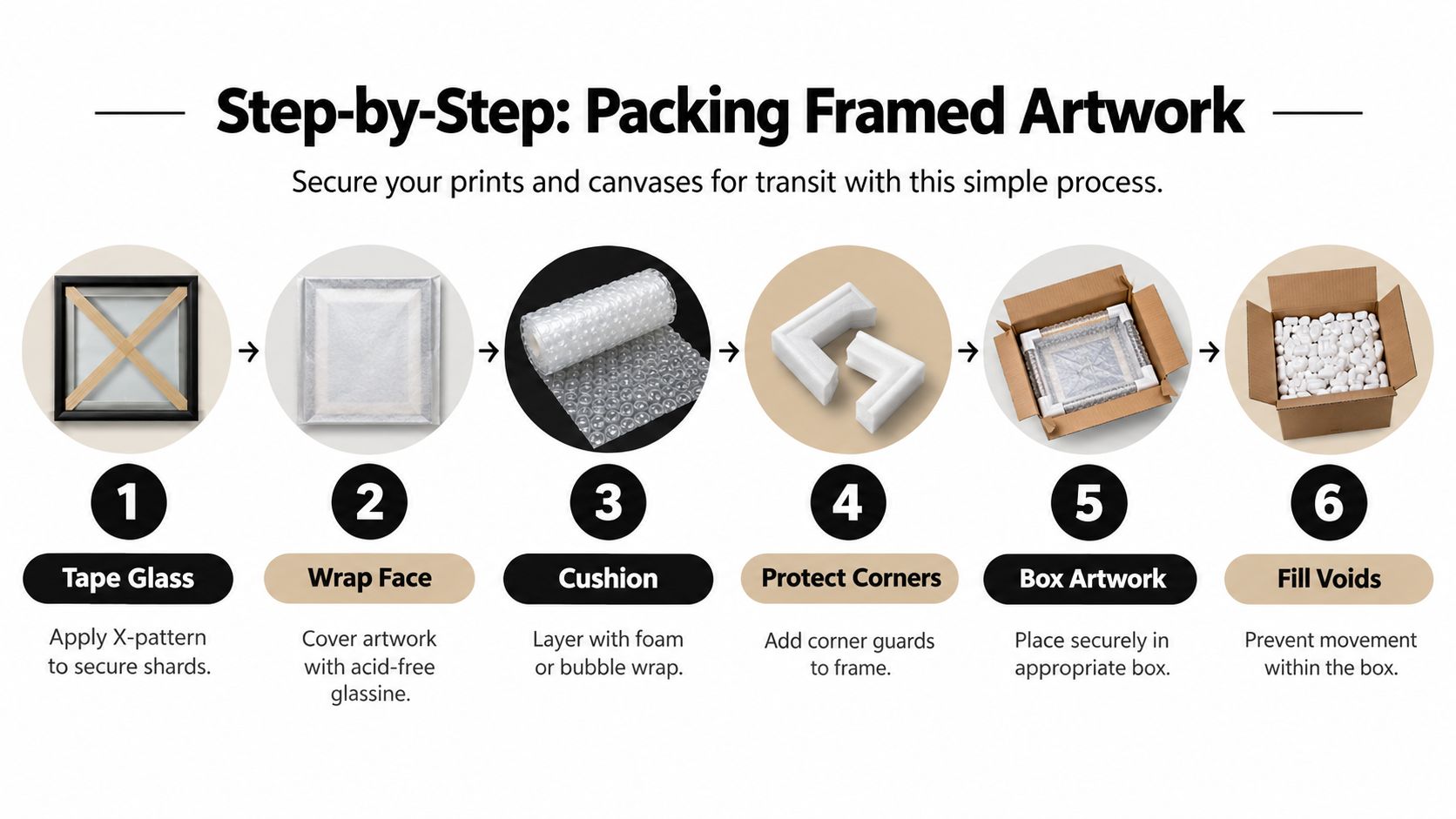 A step-by-step infographic showing the process of securely packing framed artwork for shipping or moving.