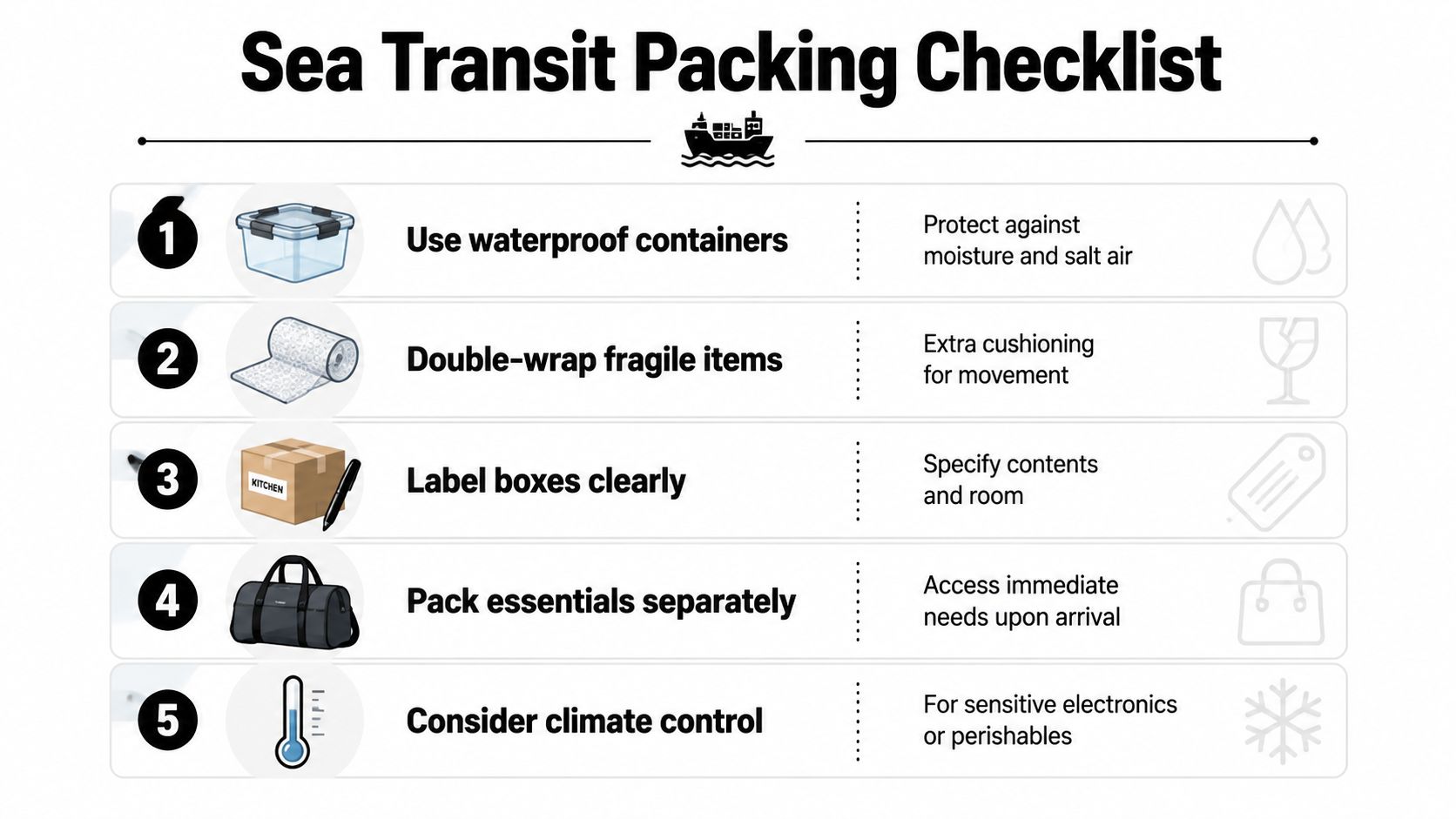 A checklist of five essential tips for packing items safely for sea transit and shipping.