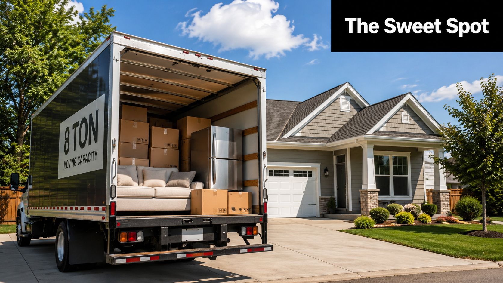An 8-ton moving truck parked in a residential driveway with a house in the background.
