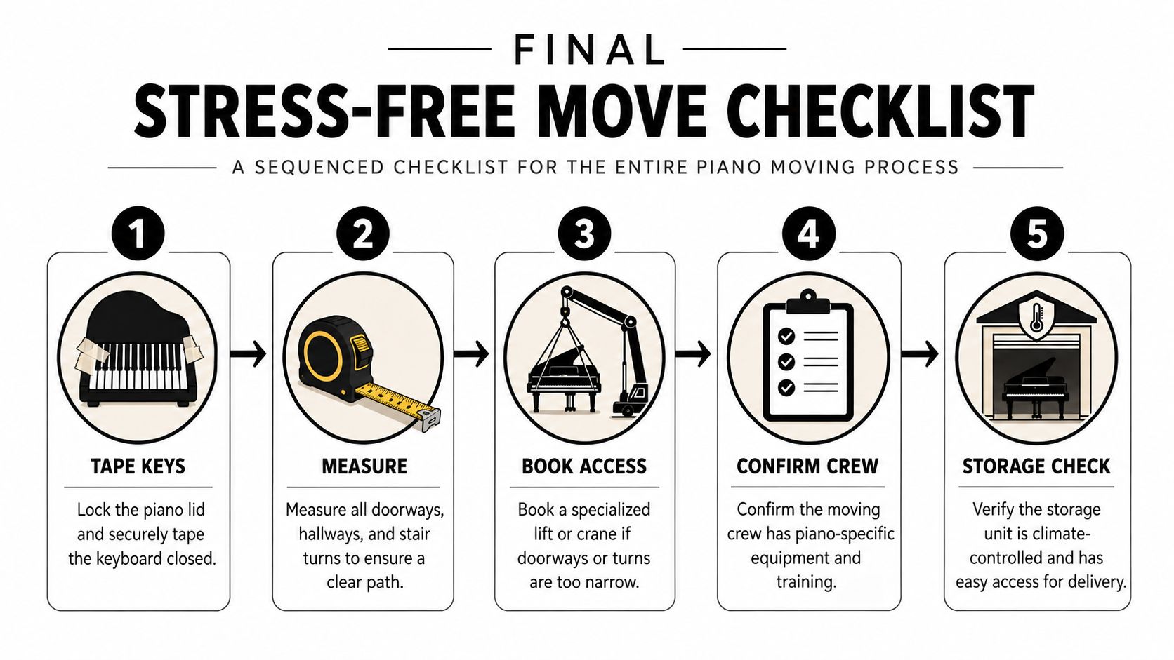 A five-step checklist illustrating the essential process for moving and storing a grand piano safely.