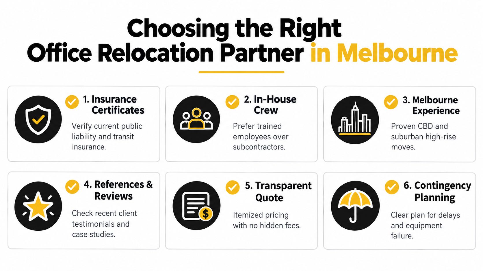 An infographic detailing six essential factors for choosing a reliable office relocation partner in Melbourne.
