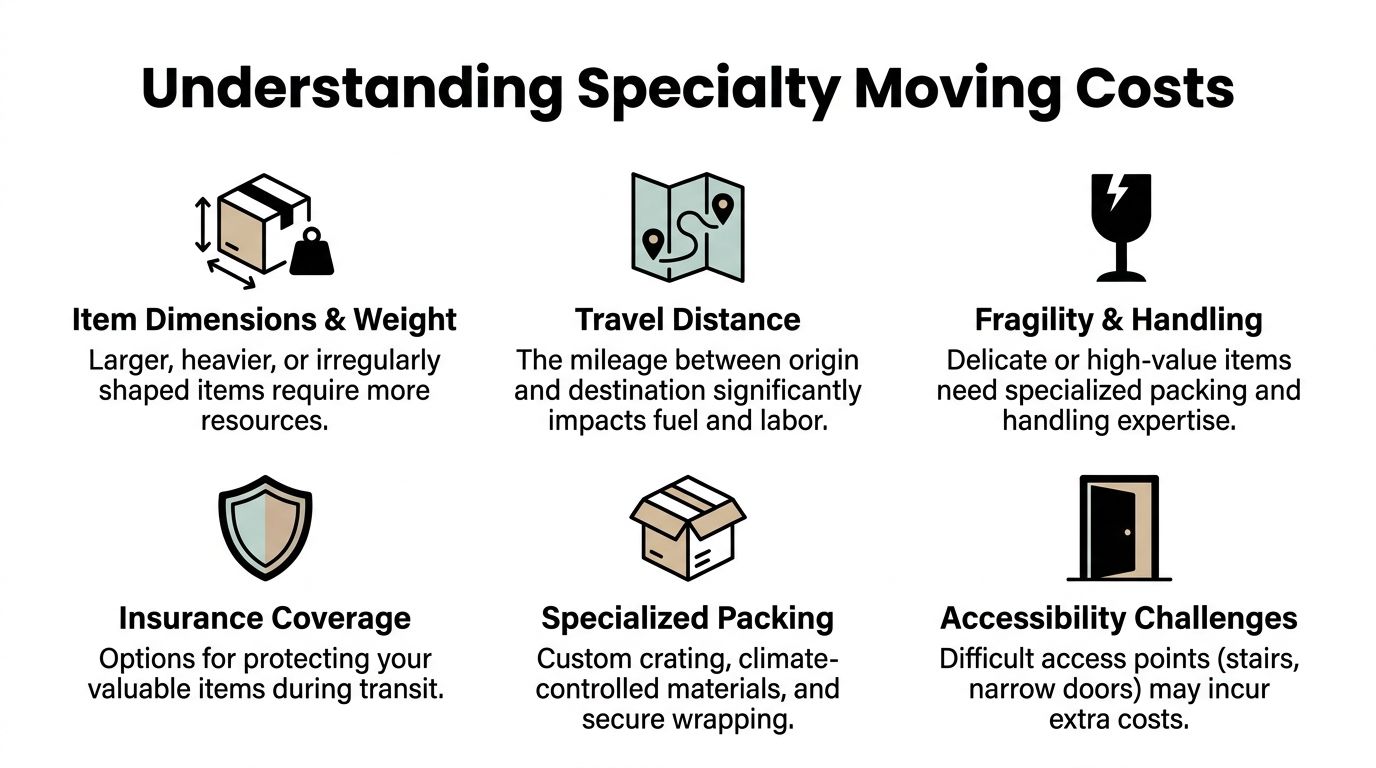 An infographic titled Understanding Specialty Moving Costs featuring icons for items, distance, fragility, insurance, packing, and accessibility.