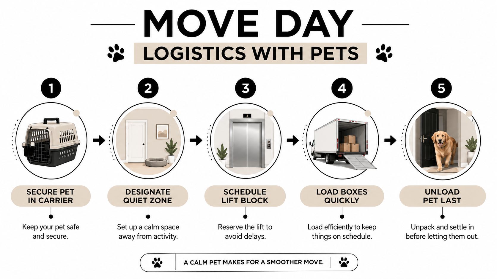 An infographic titled Move Day Logistics with Pets featuring five numbered steps for moving safely with pets.