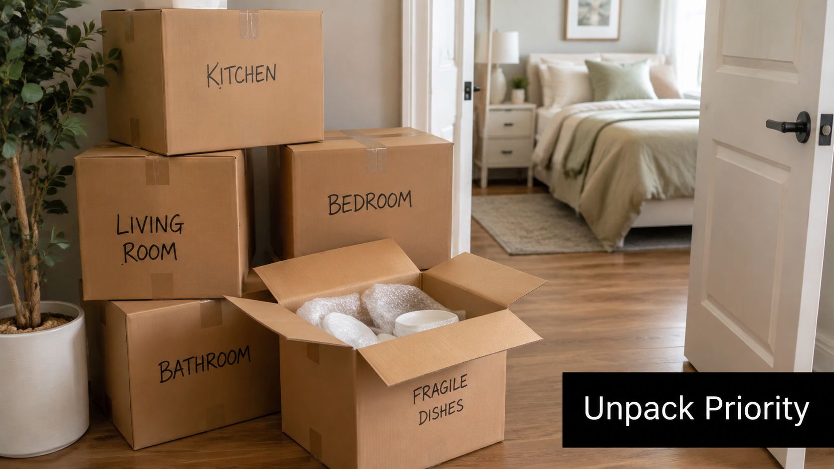 Several cardboard moving boxes labeled by room sit on a hardwood floor near an open bedroom door.
