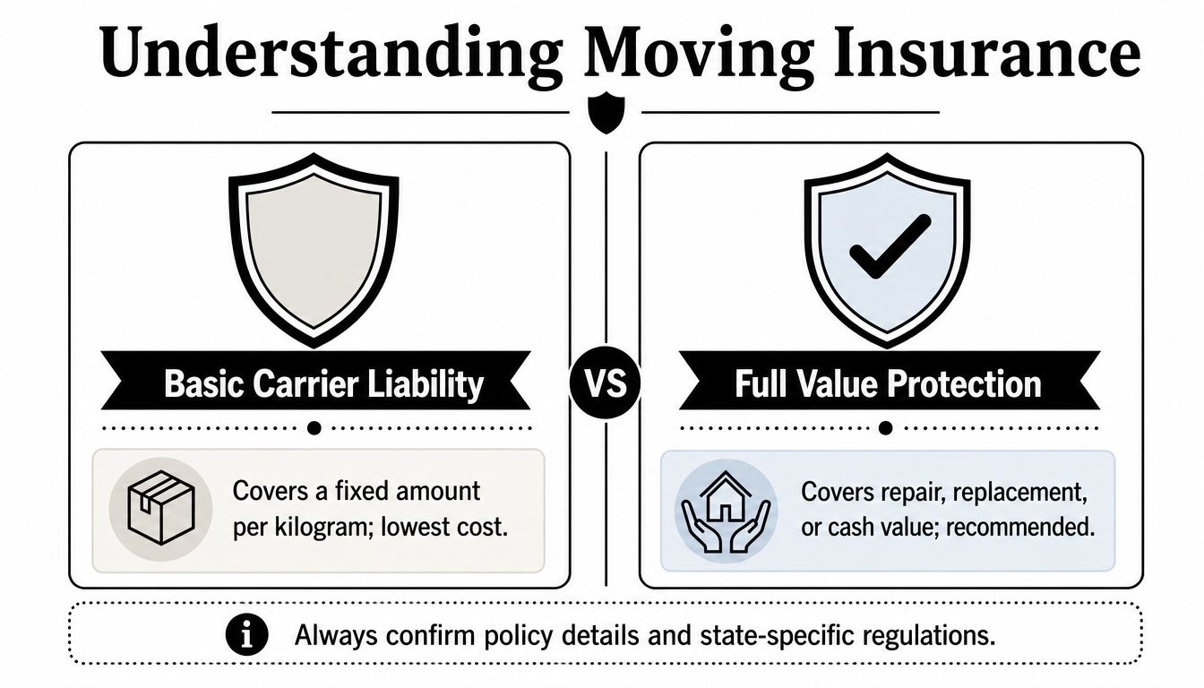 A comparison chart explaining the differences between basic carrier liability and full value protection moving insurance options.