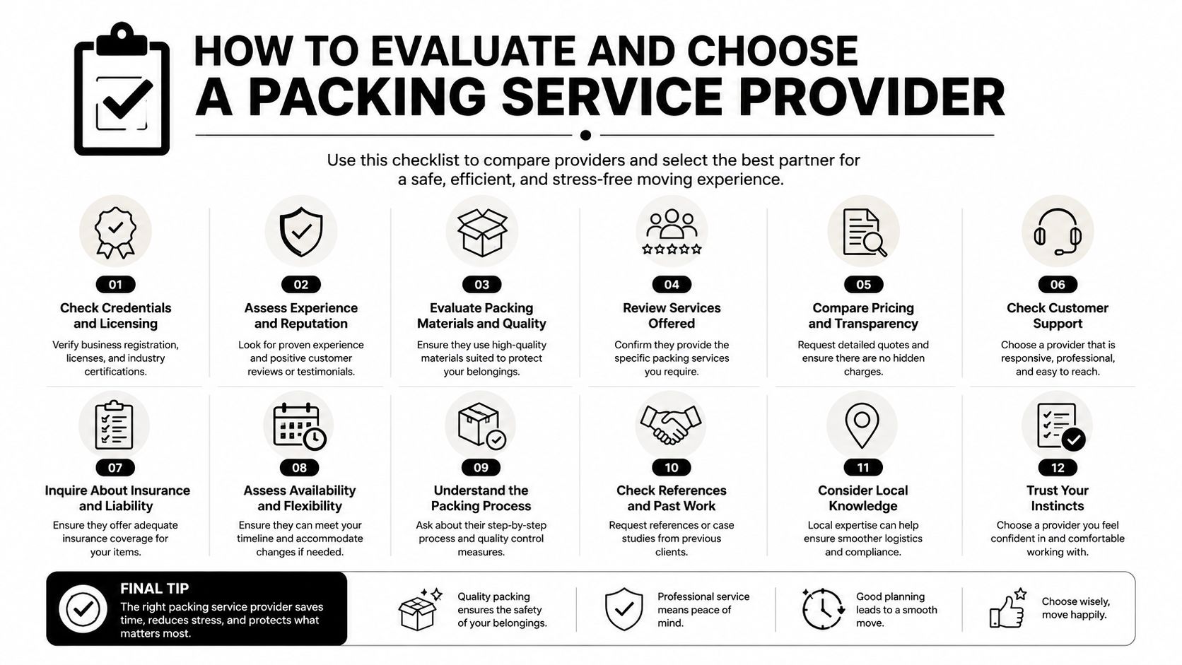 A checklist infographic titled How to Evaluate and Choose a Packing Service Provider for moving.
