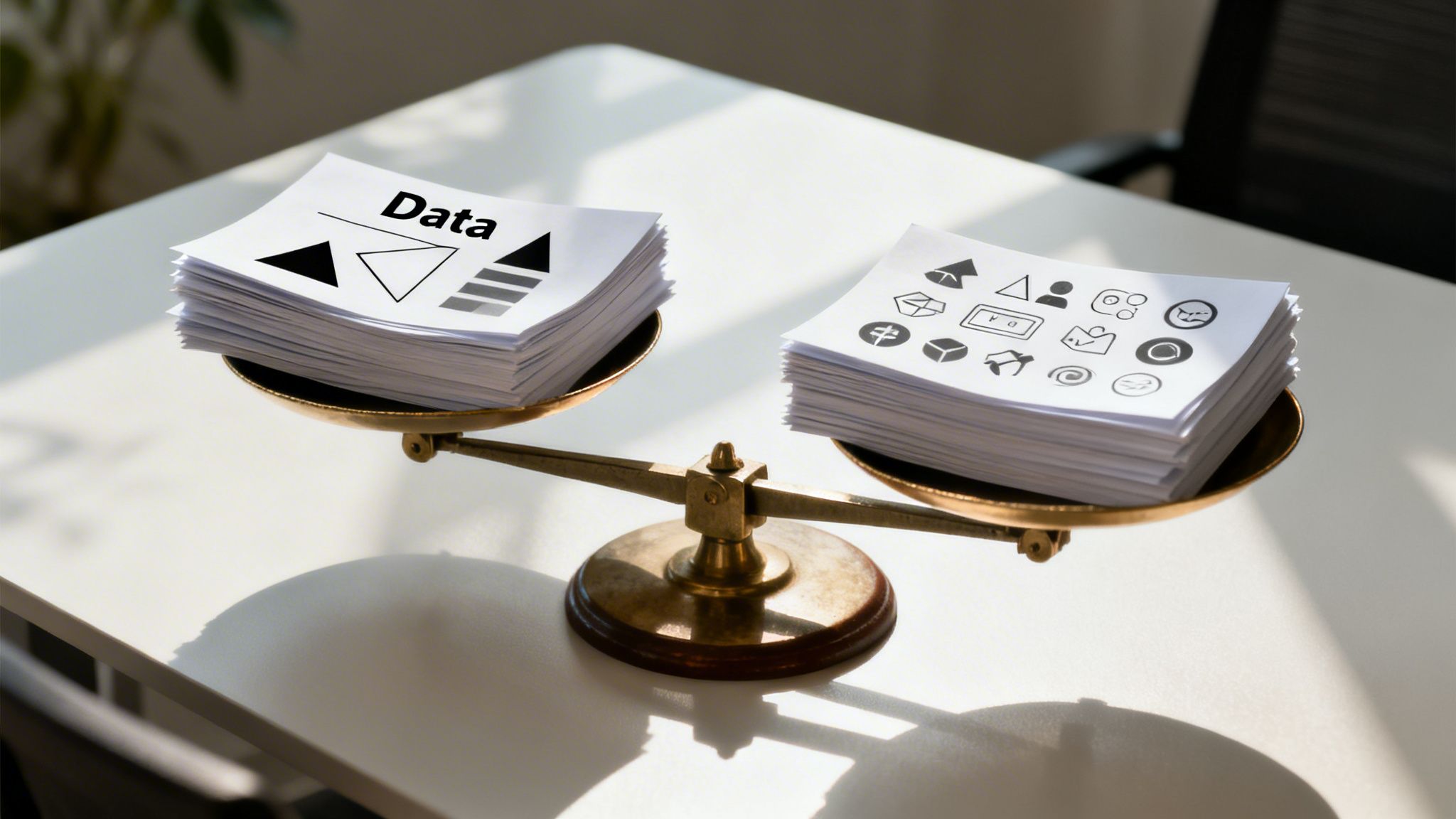 An antique brass scale balancing two stacks of paper, one with 'Data' and the other with icons.