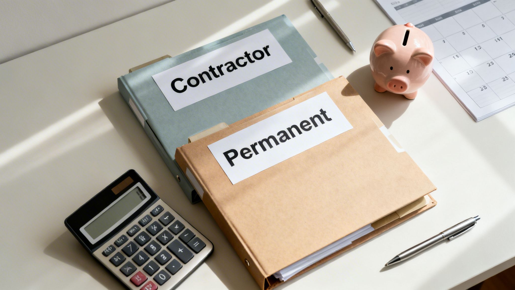 Two binders labeled 'Contractor' and 'Permanent' on a desk with a calculator, piggy bank, and calendar.
