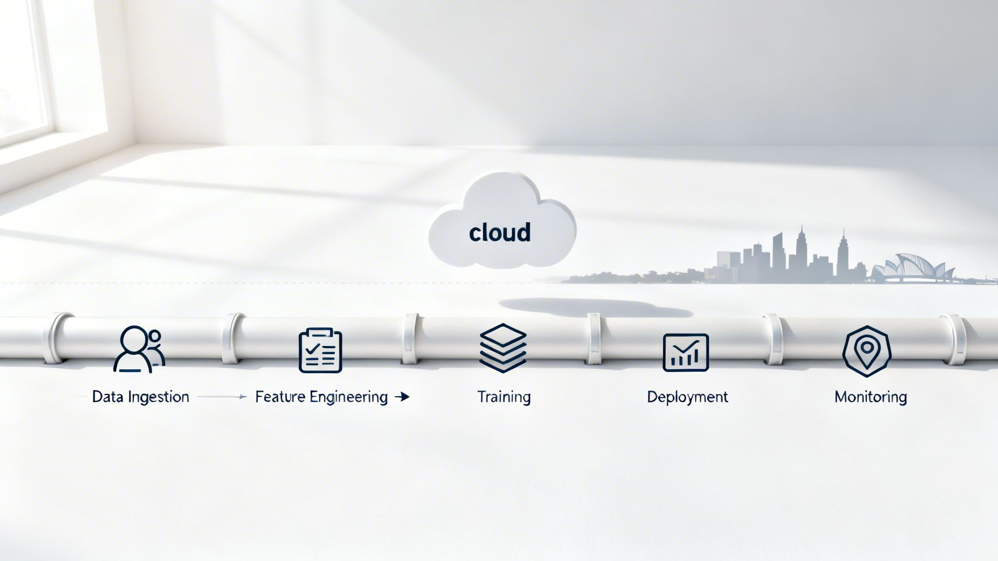 A machine learning operations pipeline showing data ingestion, feature engineering, training, deployment, and monitoring, connected to the cloud.