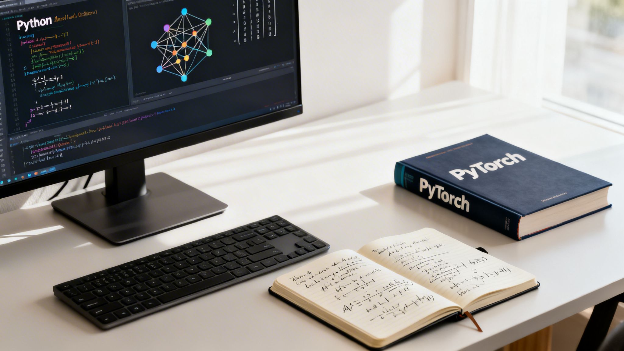 A modern desk with a computer displaying Python code, a PyTorch book, and a notebook.