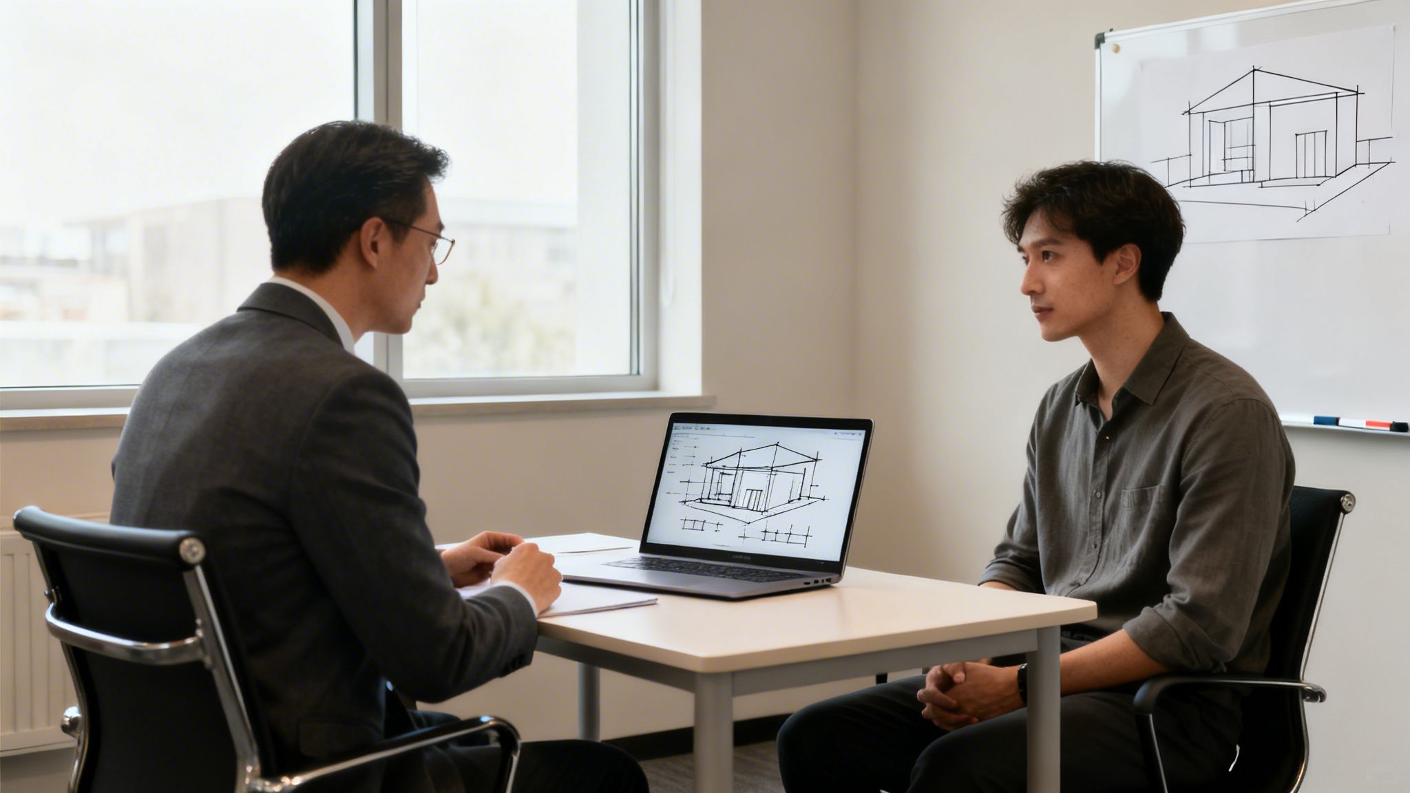 Two men, possibly an architect and client, discuss building designs on a laptop and whiteboard.