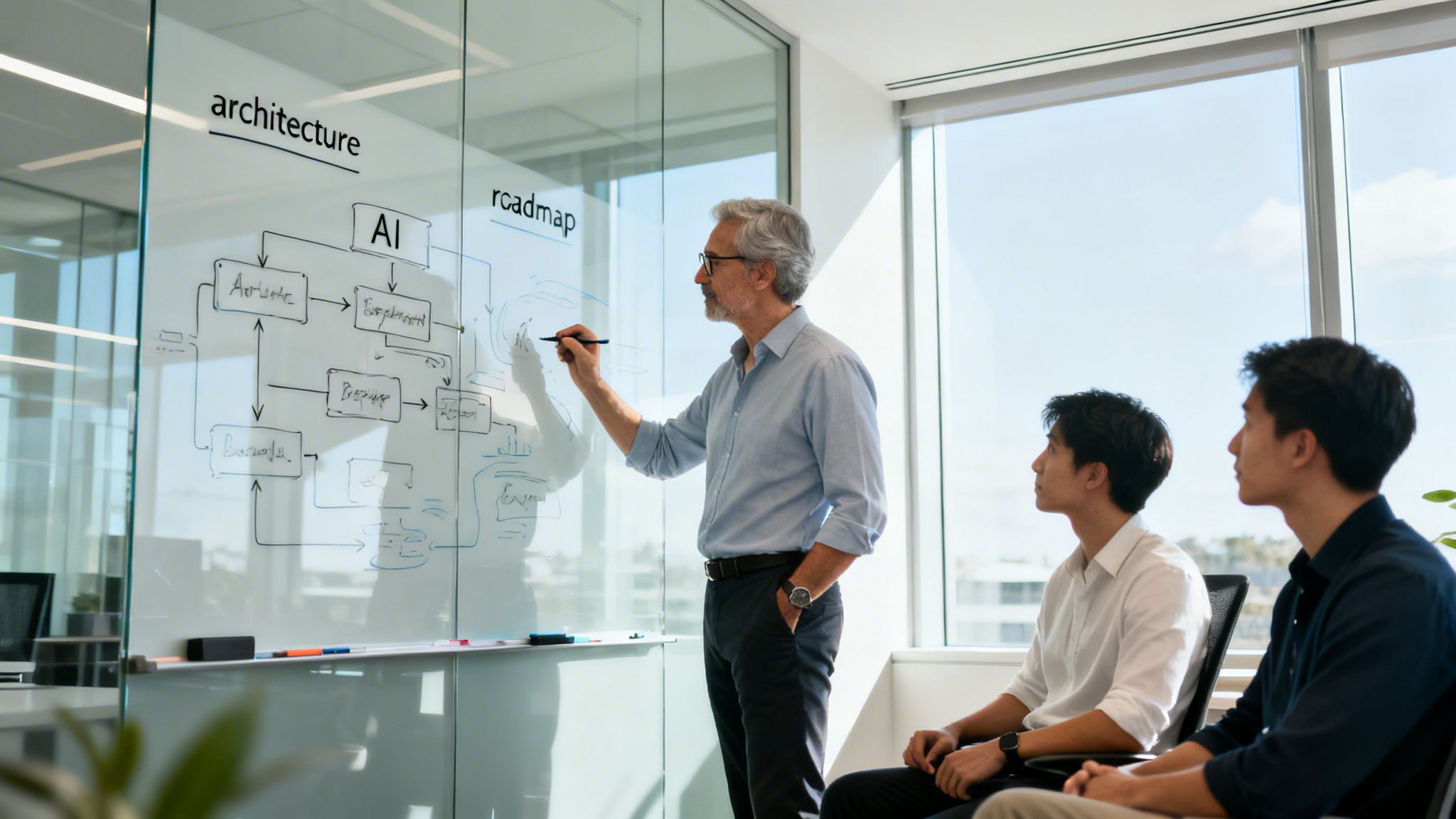 Senior AI data scientist presents architecture and roadmap on a glass whiteboard to attentive colleagues.