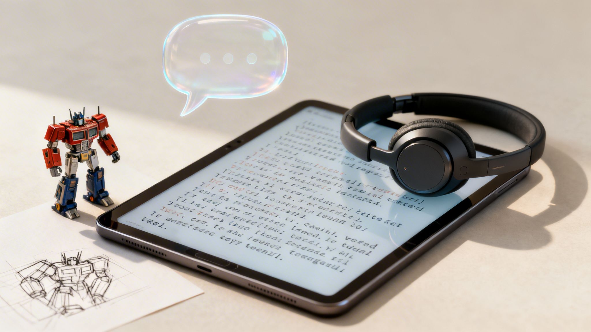 An Optimus Prime toy, a tablet with code, headphones, a glowing speech bubble, and a robot sketch.
