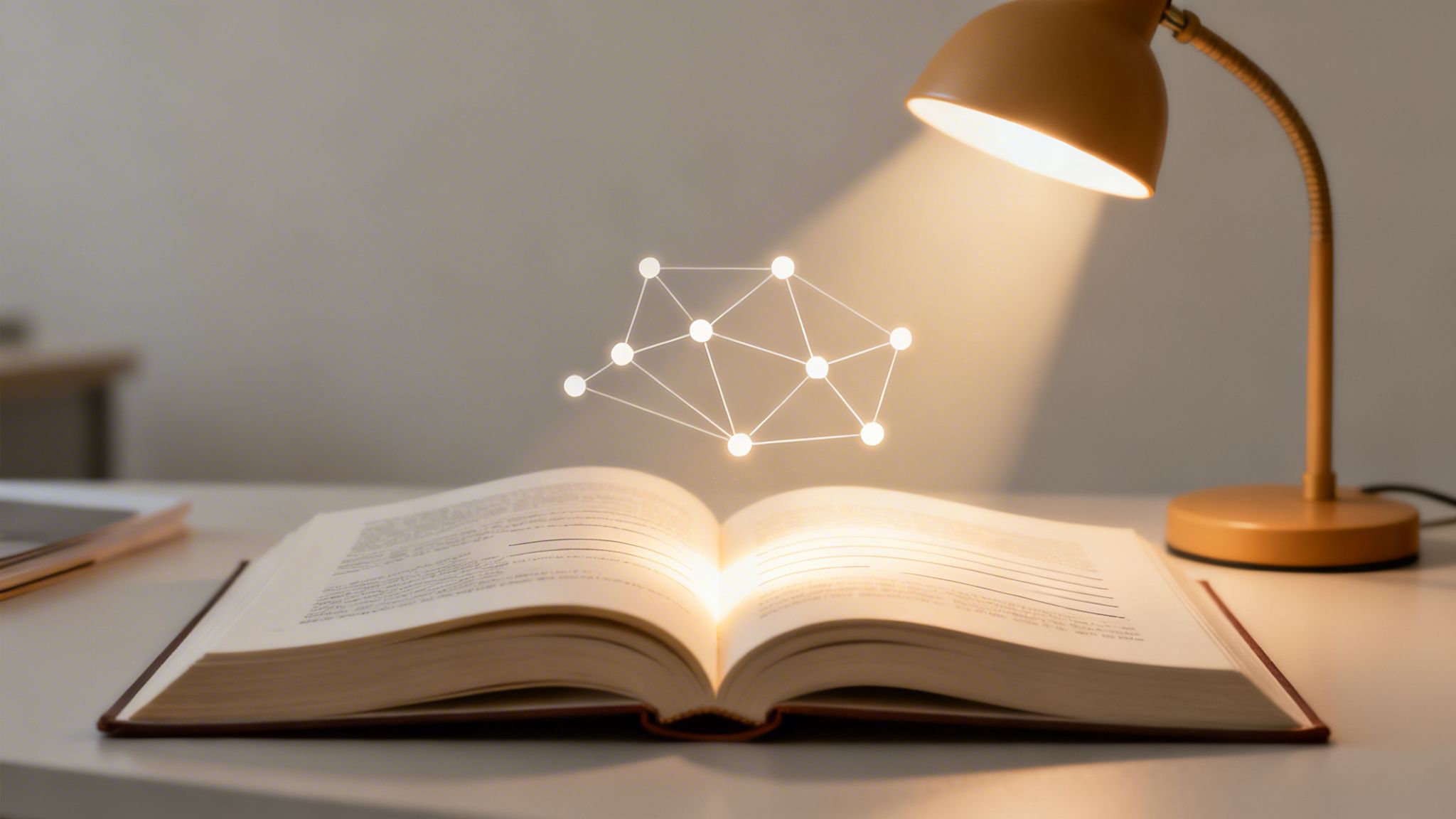 An open book on a desk with a glowing network diagram above it, illuminated by a lamp.
