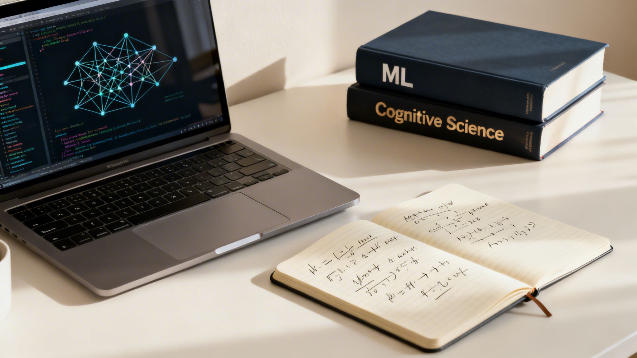 A laptop displaying a neural network diagram, books on ML and Cognitive Science, and a notebook with formulas.