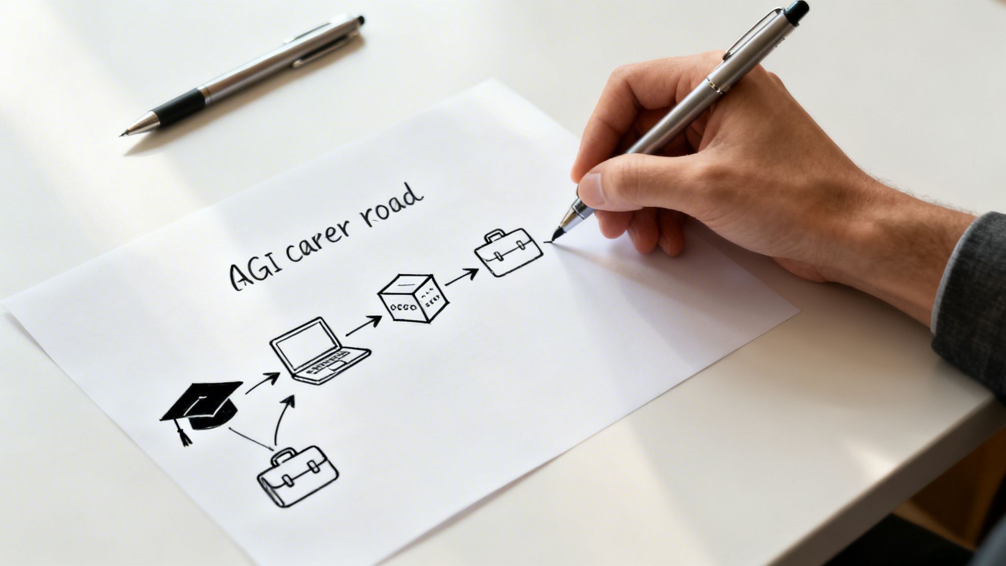 A hand draws an 'AGI career road' diagram on paper, illustrating the journey from education to jobs.