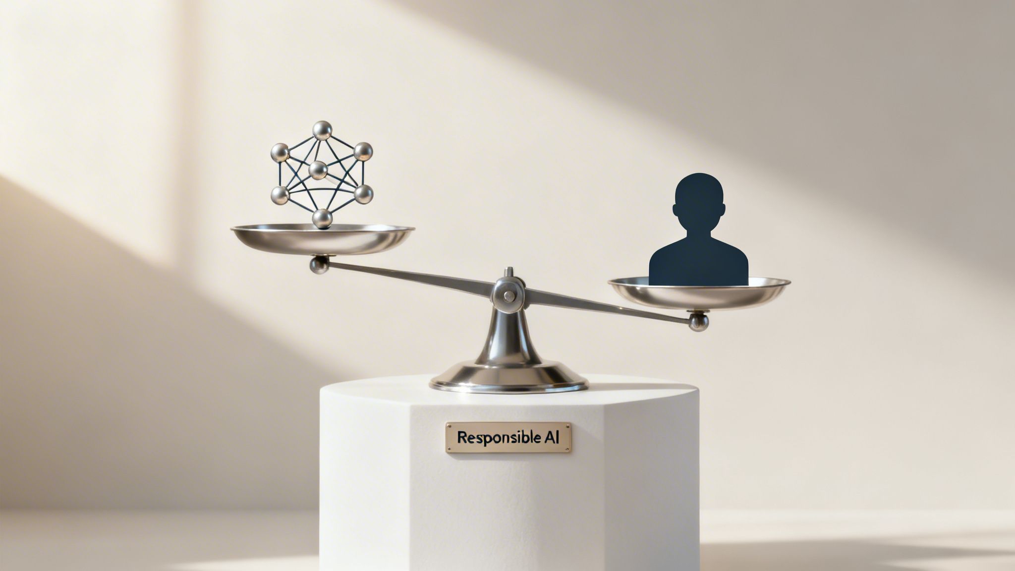 A balance scale shows a neural network on one side and a human on the other, representing Responsible AI.