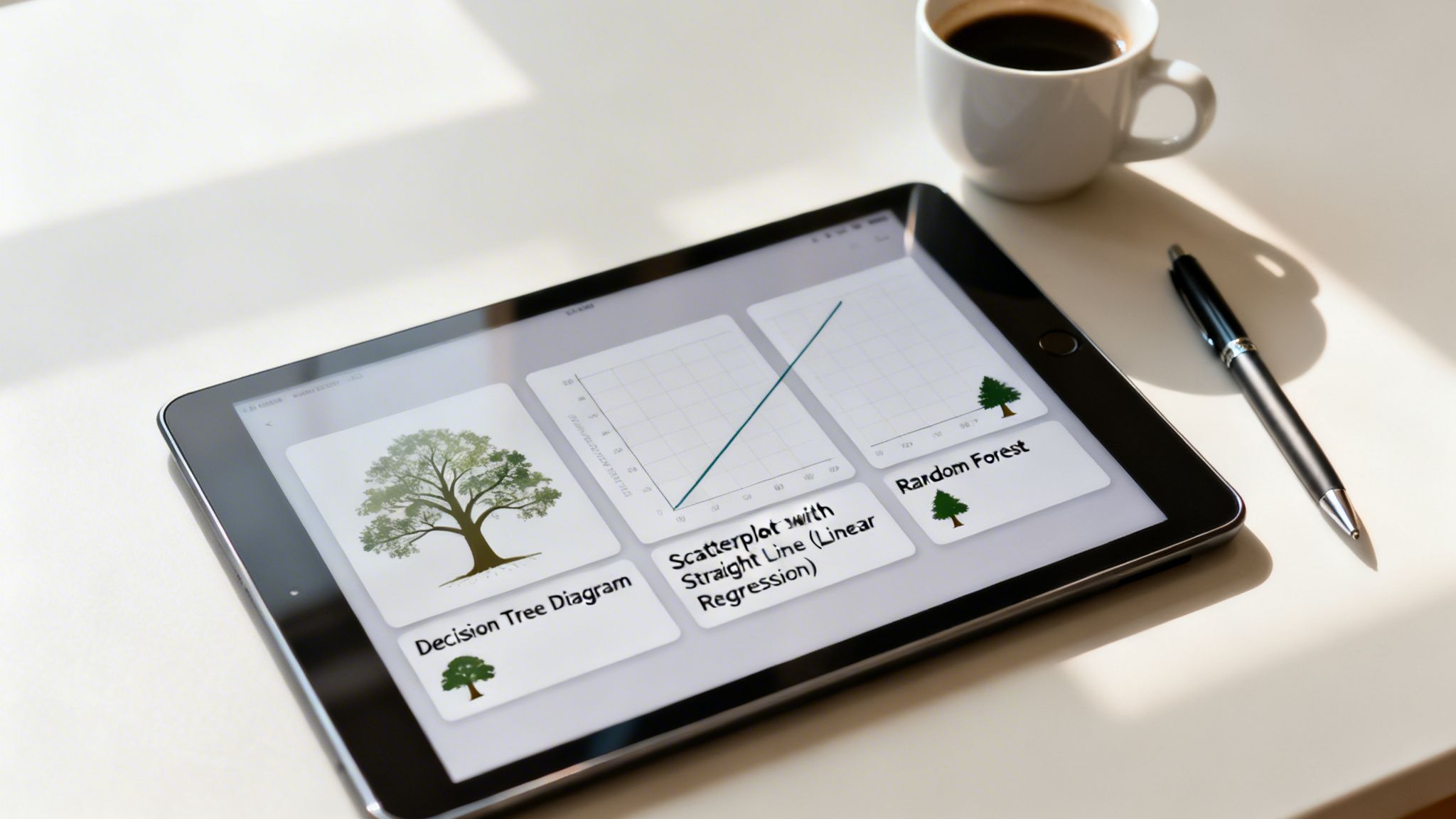 A tablet displays machine learning diagrams: a decision tree, linear regression scatterplot, and random forest, beside coffee and a pen.
