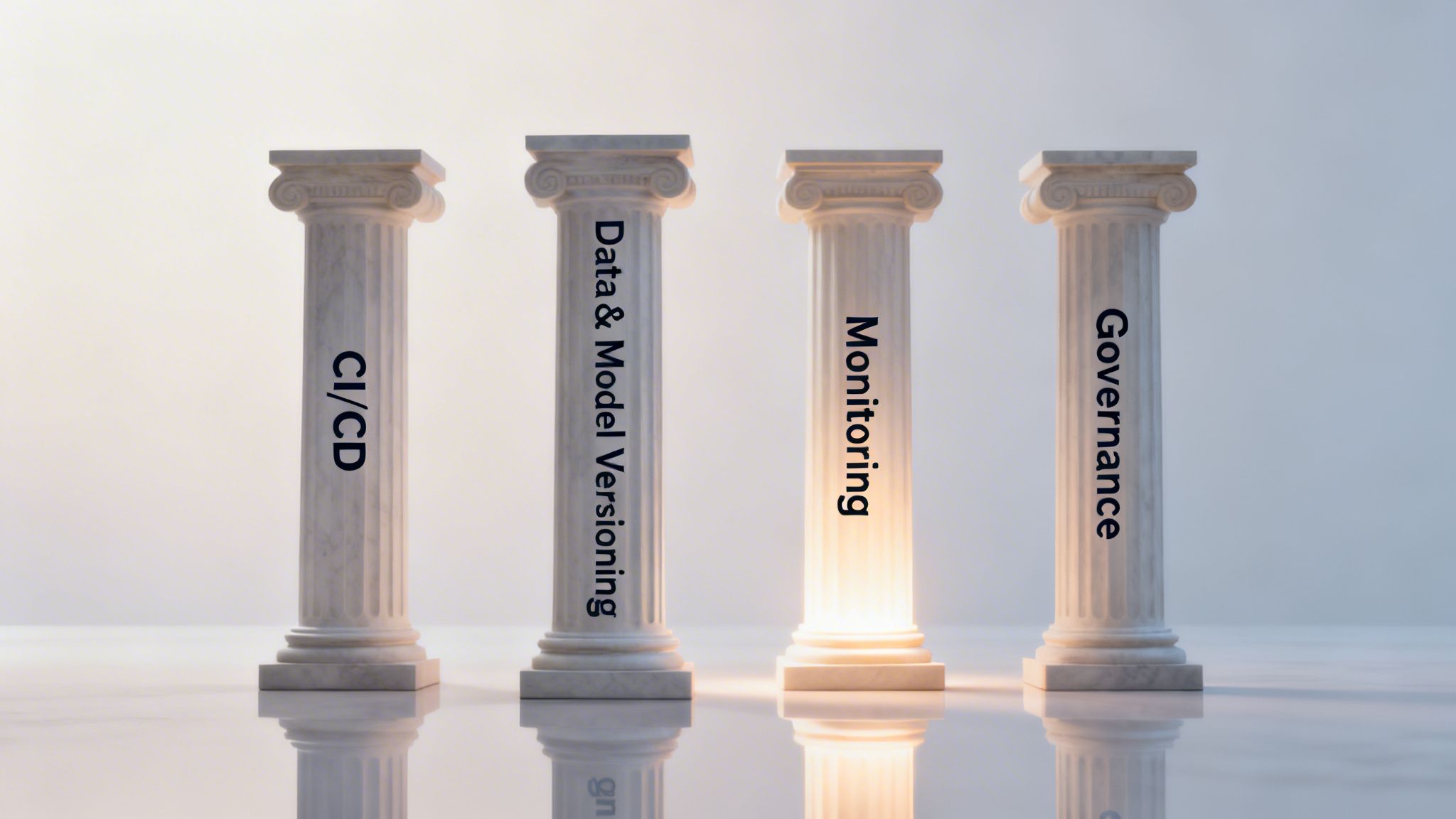 Four white pillars symbolizing MLOps principles: CI/CD, Data & Model Versioning, Monitoring, Governance.