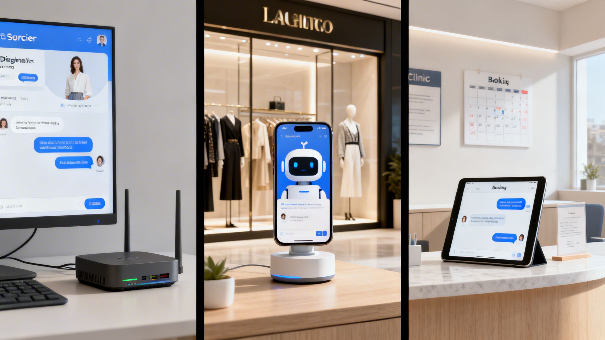 Three screens display AI chatbot conversations on a desktop, a smartphone, and a tablet in diverse settings.