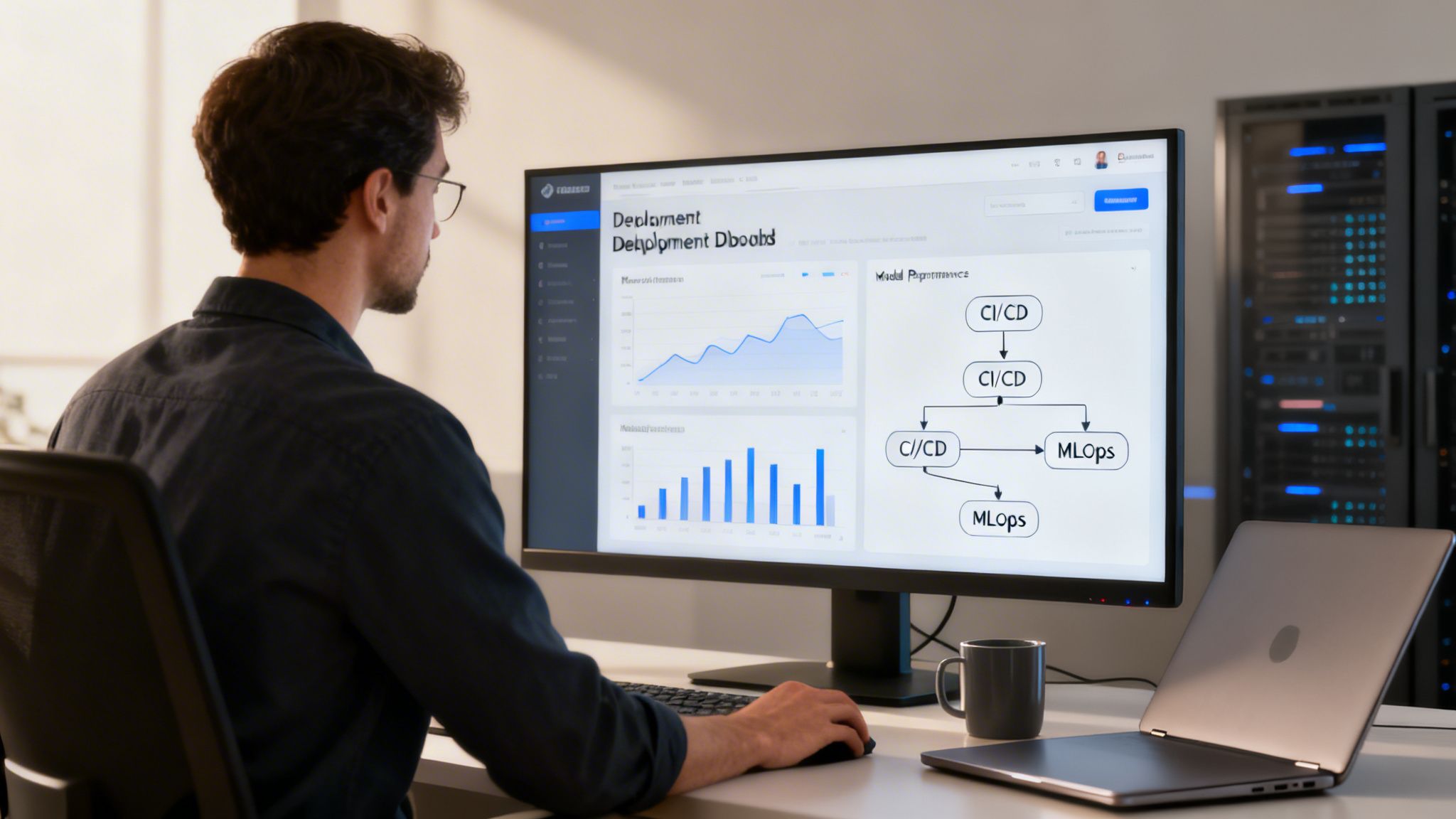 A man reviews a machine learning deployment dashboard displaying CI/CD and MLOps workflows.