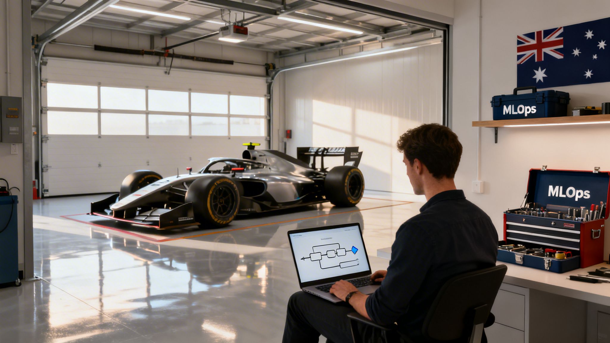 Man reviews MLOps data on a laptop in a modern garage with a sleek racing car.
