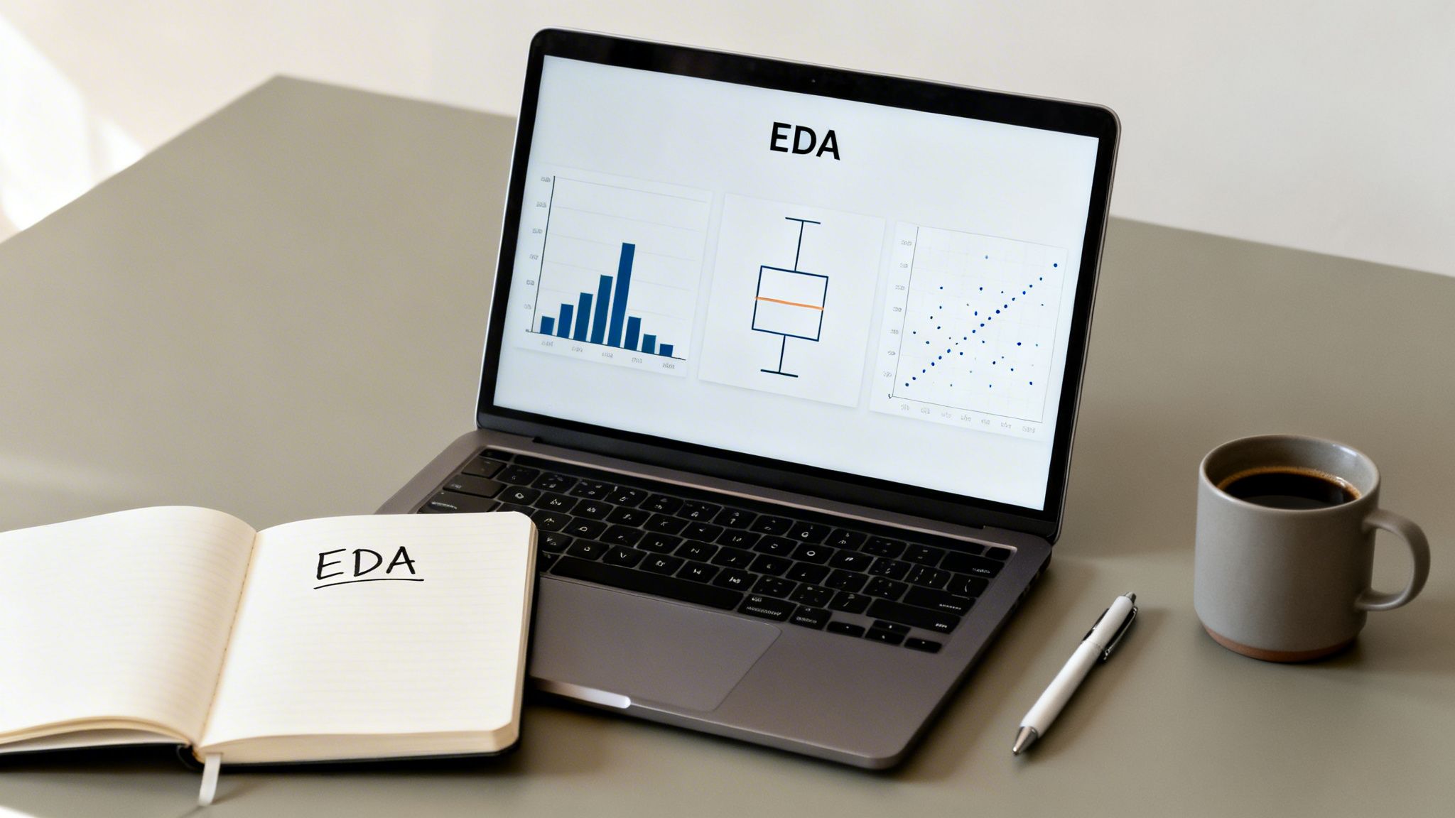 Laptop showing Exploratory Data Analysis (EDA) charts next to a notebook, pen, and coffee mug.