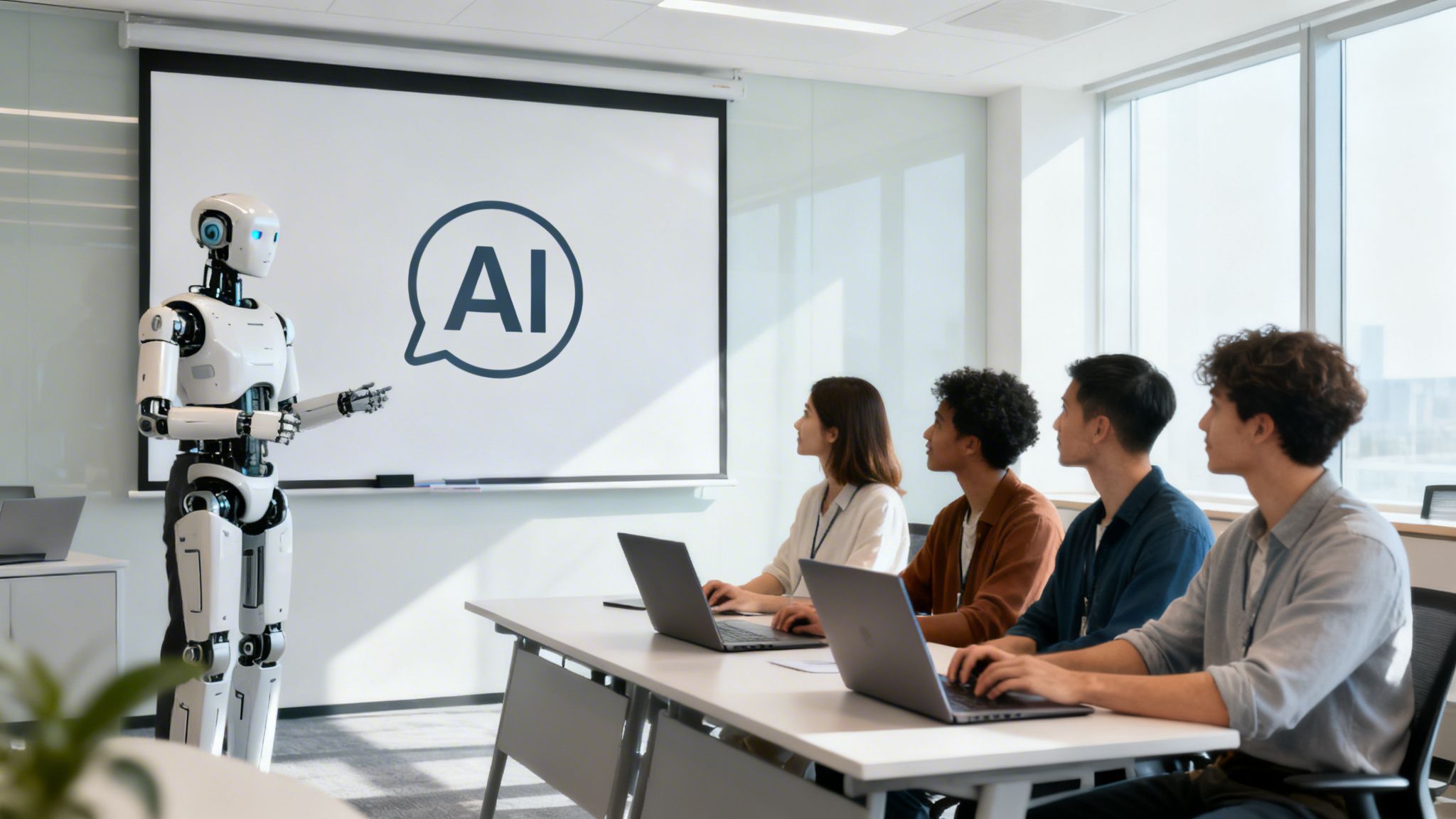 A humanoid robot teaches artificial intelligence concepts to diverse students with laptops in a modern classroom.